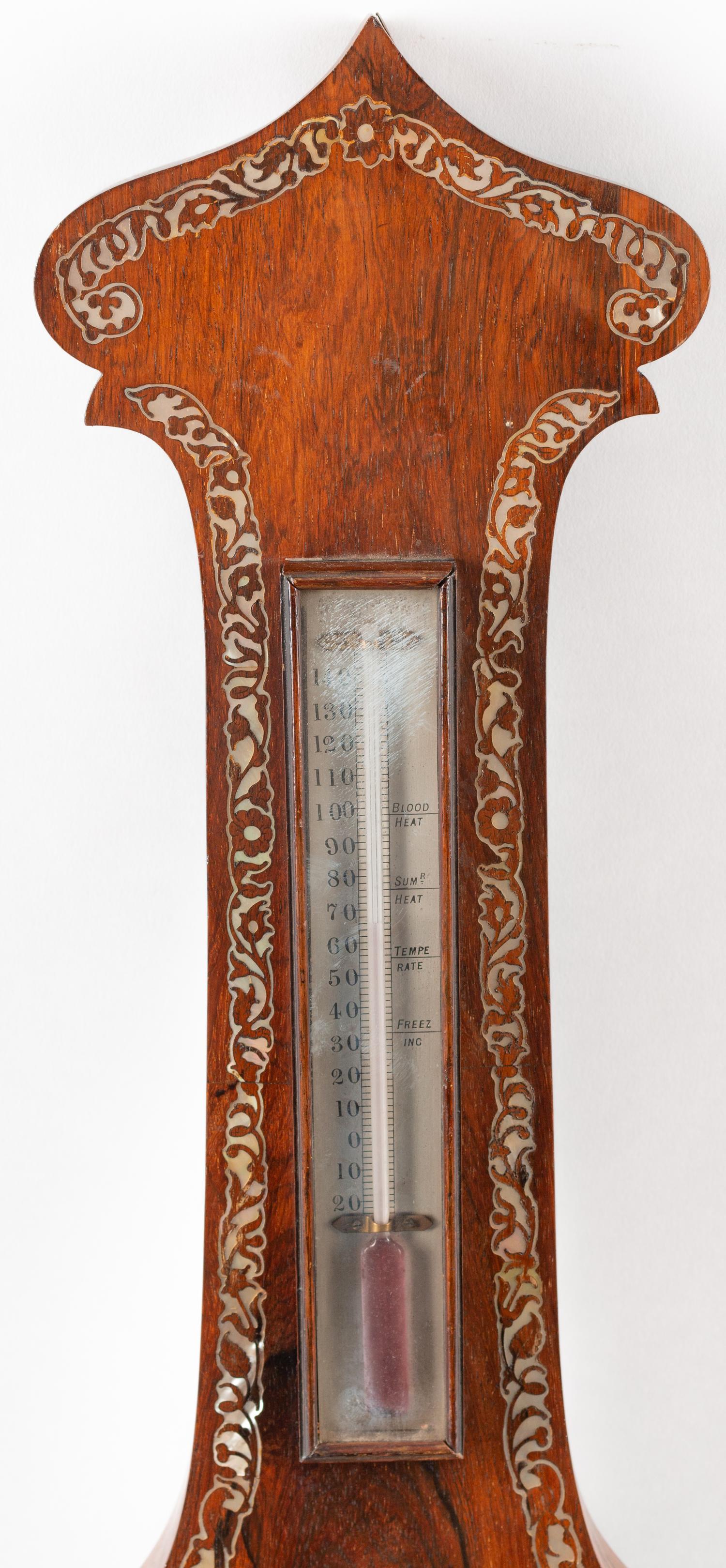 An English Mother-of-Pearl Inlaid Rosewood Wheel Barometer