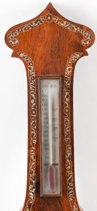 An English Mother-of-Pearl Inlaid Rosewood Wheel Barometer