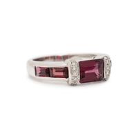 Two White Gold, Diamond, Garnet, and Aquamarine Stacking Rings