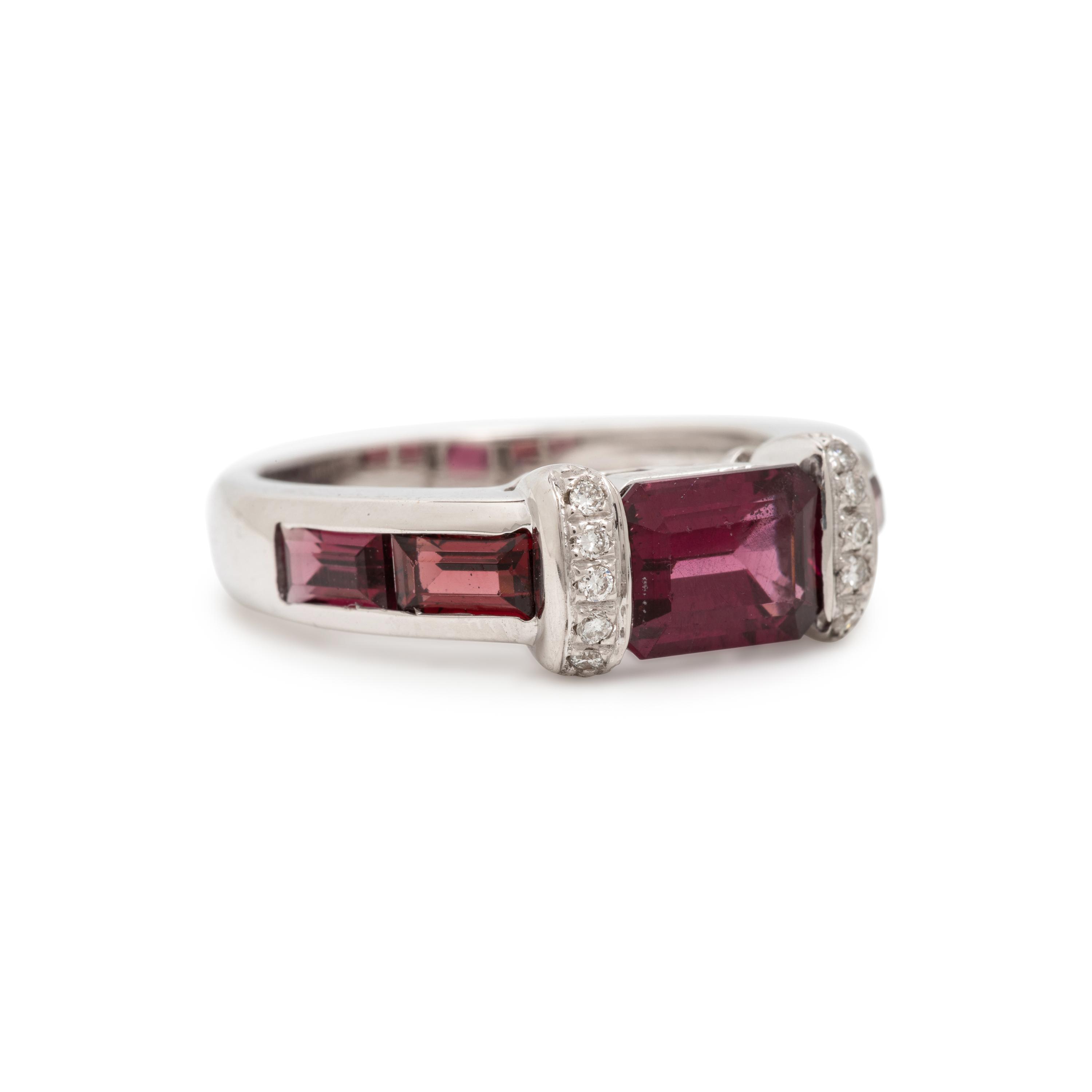 Two White Gold, Diamond, Garnet, and Aquamarine Stacking Rings