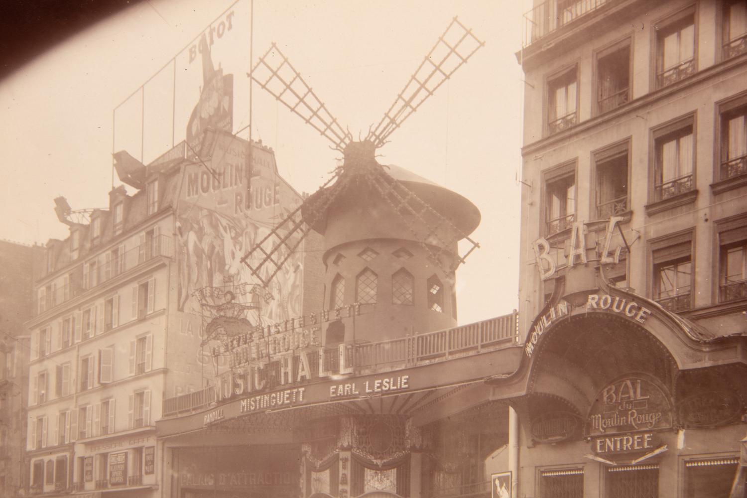 A group of four photographs depicting Paris ( Moulin Rouge [86 boulevard de Clichy] ; Passage Moret, ruelle des Gobelins ; Rue des Prêtres Saint-Séverin, au fond rue Boutebrie; Rue des Gobelins)