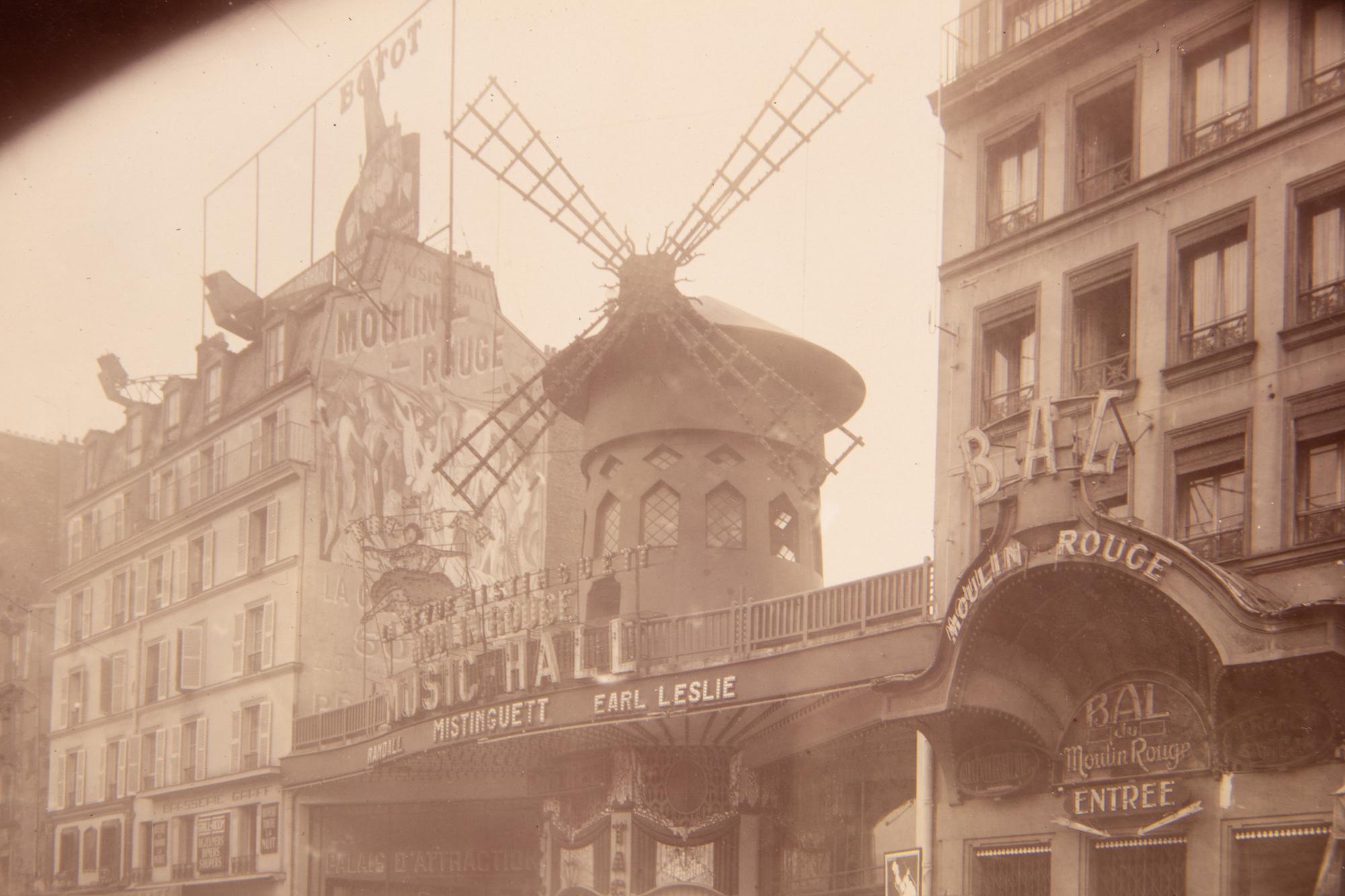 A group of four photographs depicting Paris ( Moulin Rouge [86 boulevard de Clichy] ; Passage Moret, ruelle des Gobelins ; Rue des Prêtres Saint-Séverin, au fond rue Boutebrie; Rue des Gobelins)
