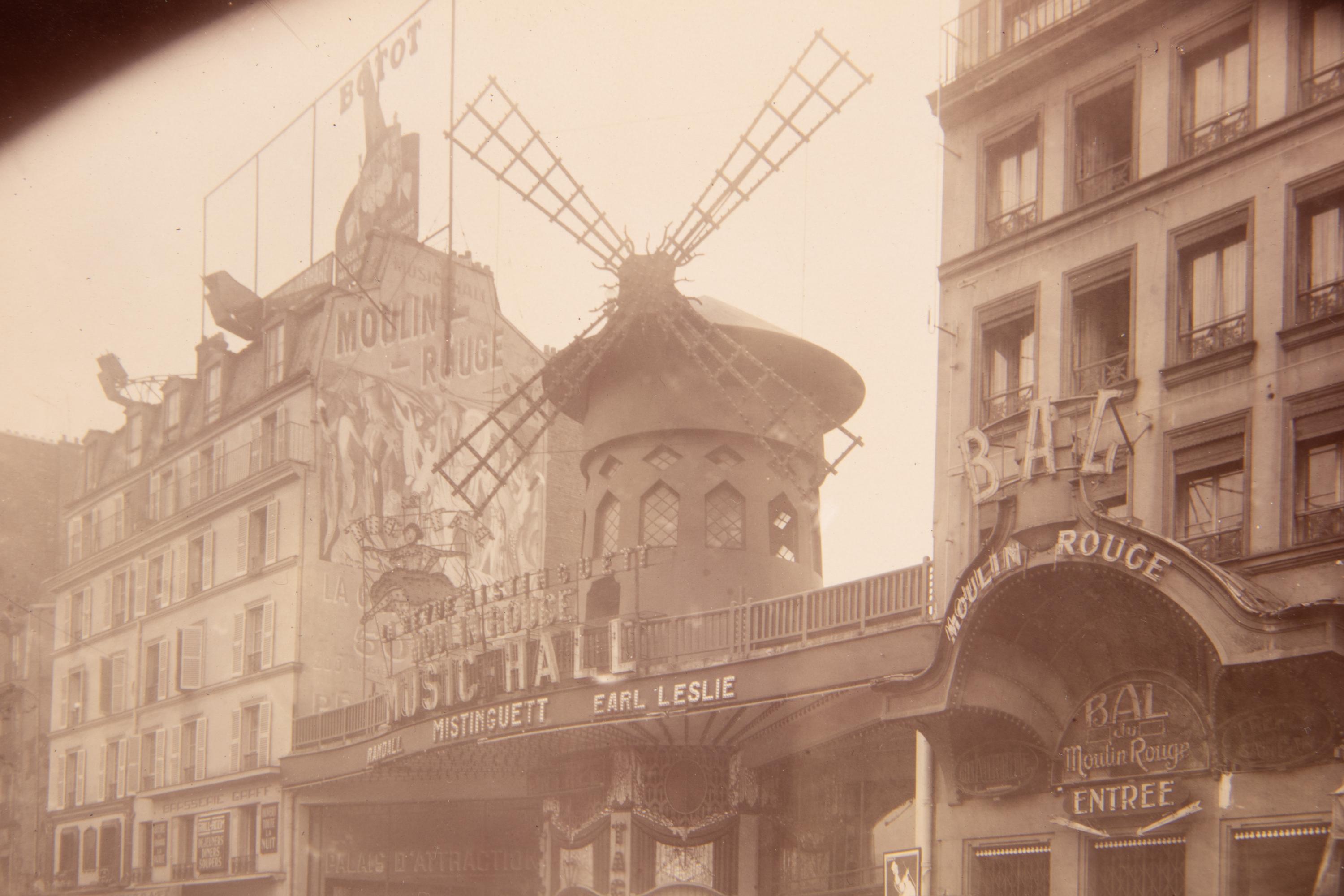 A group of four photographs depicting Paris ( Moulin Rouge [86 boulevard de Clichy] ; Passage Moret, ruelle des Gobelins ; Rue des Prêtres Saint-Séverin, au fond rue Boutebrie; Rue des Gobelins)