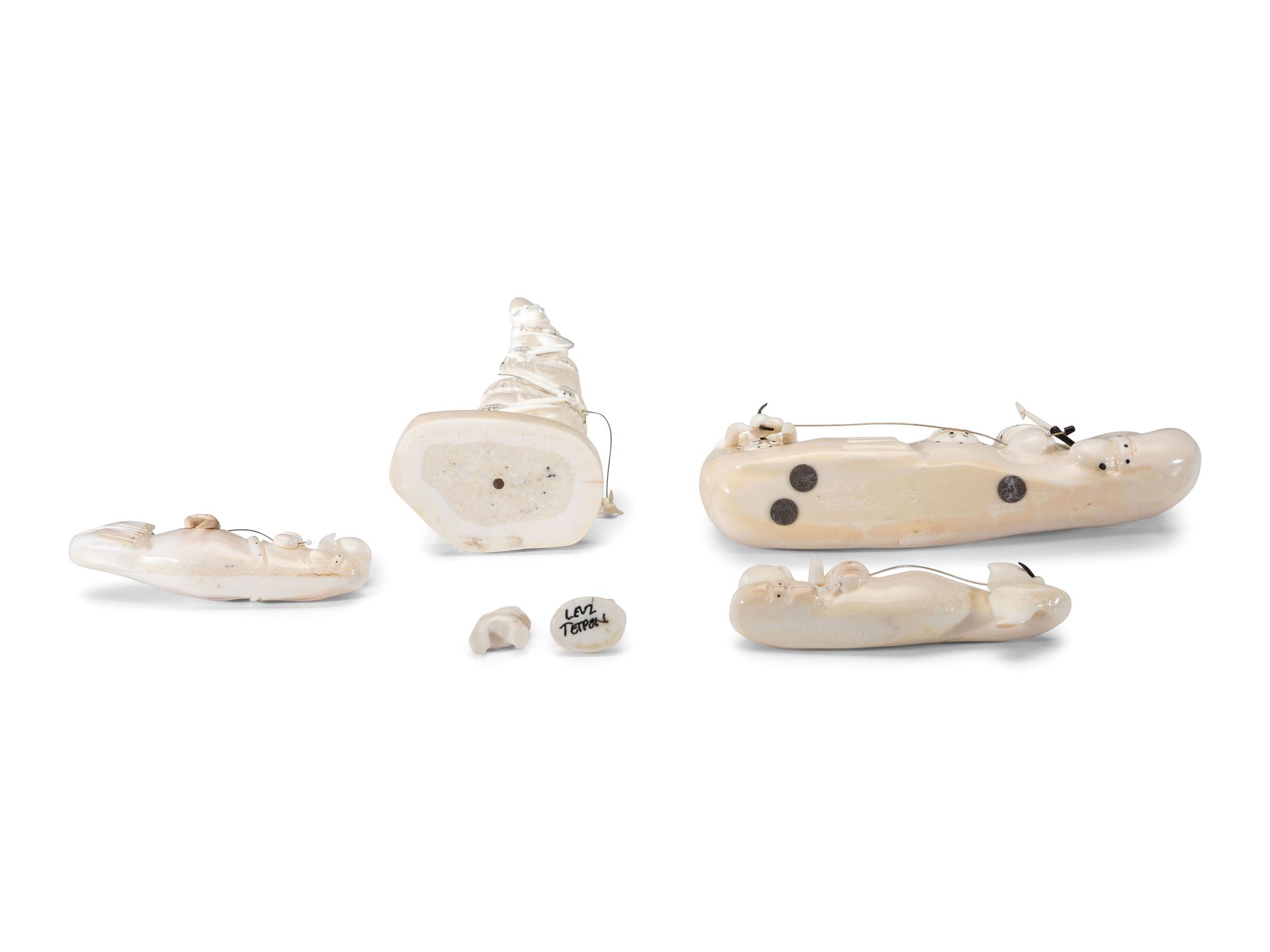 Carved Walrus Ivory Sculptures, with Baleen Inlay