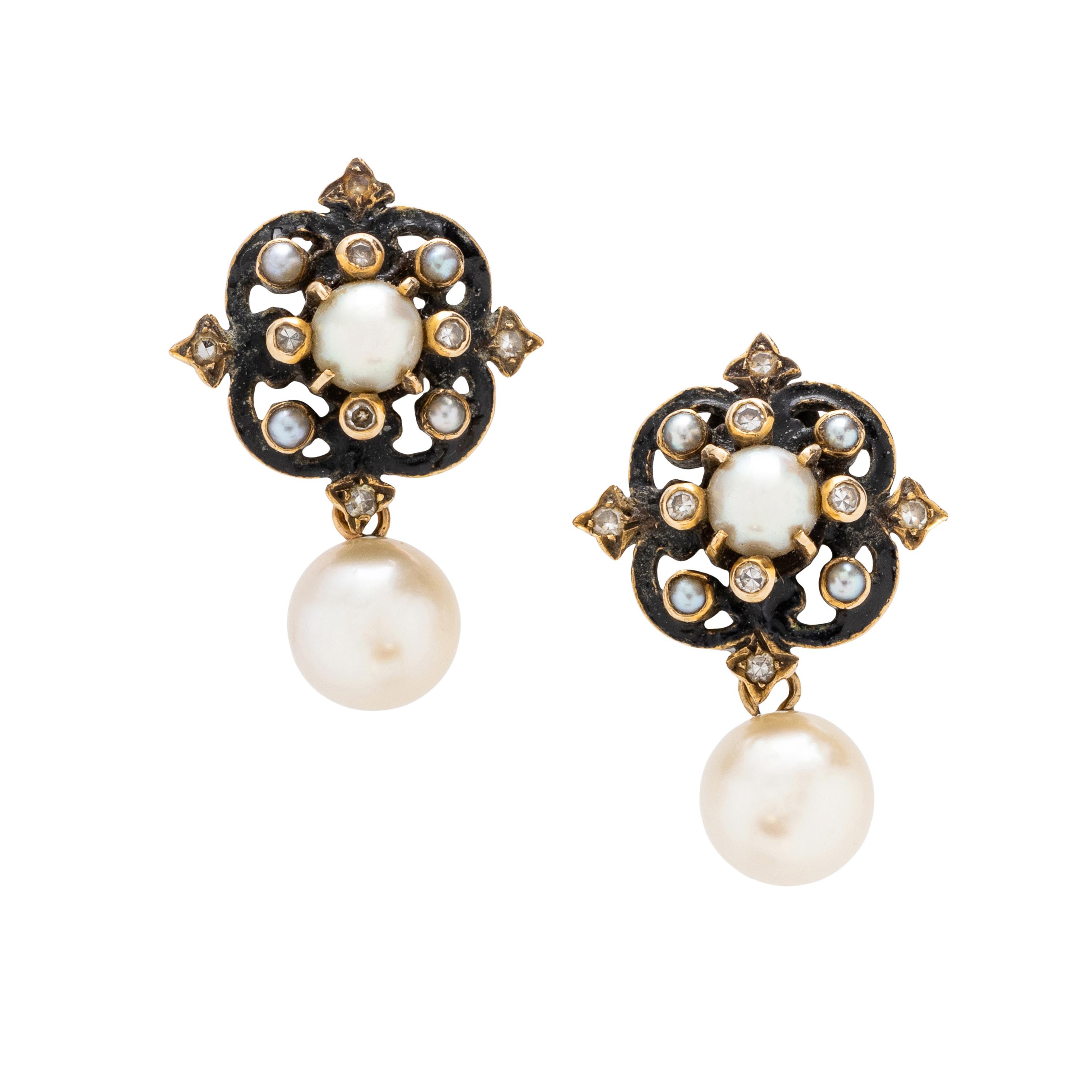Diamond, Seed Pearl, and Cultured Pearl Earrings