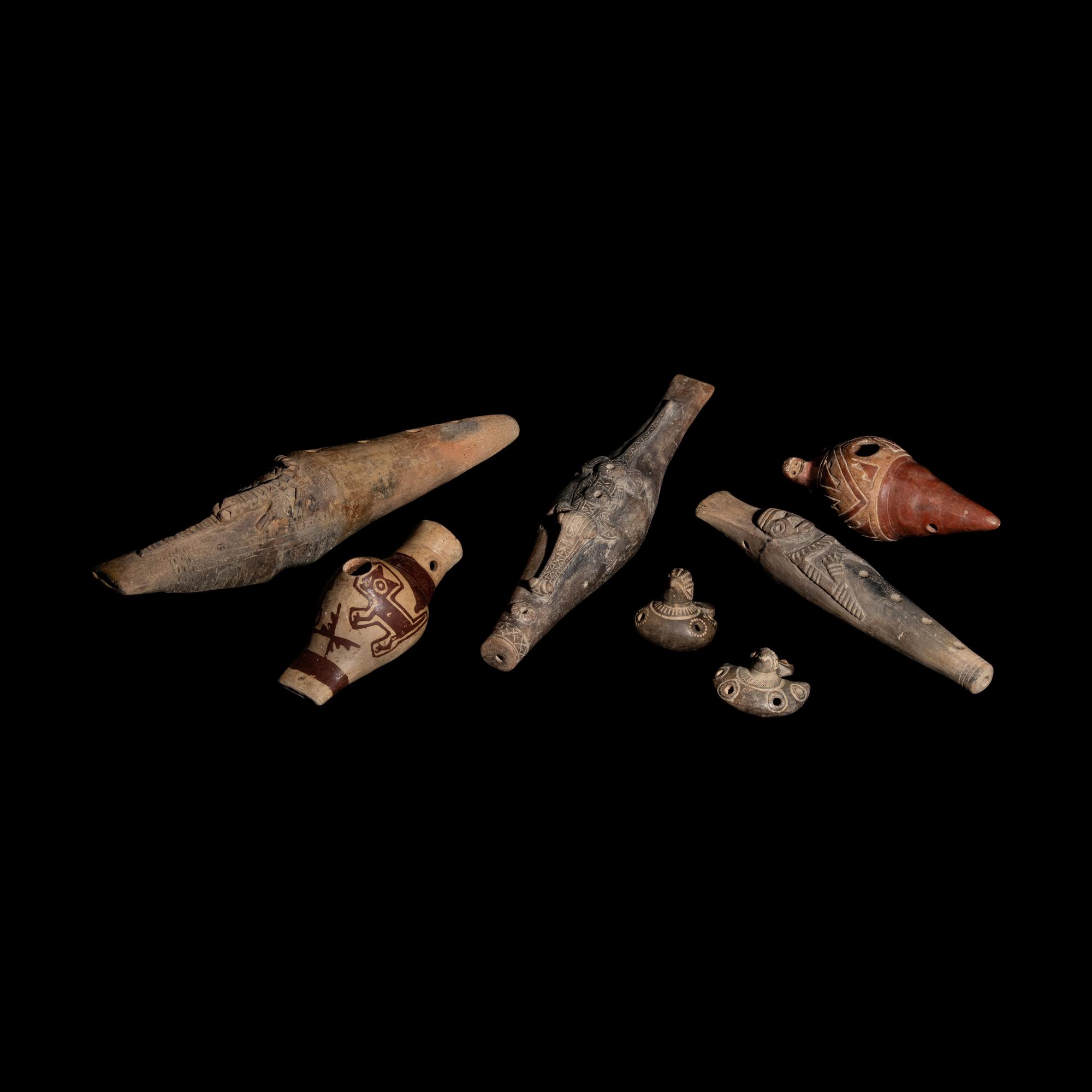 Seven Nariño, Tairona, and Sinu Terracotta Flutes (Ocarinas)