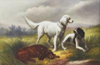 A German Hand-Painted Porcelain Plaque Depicting Three Spaniels