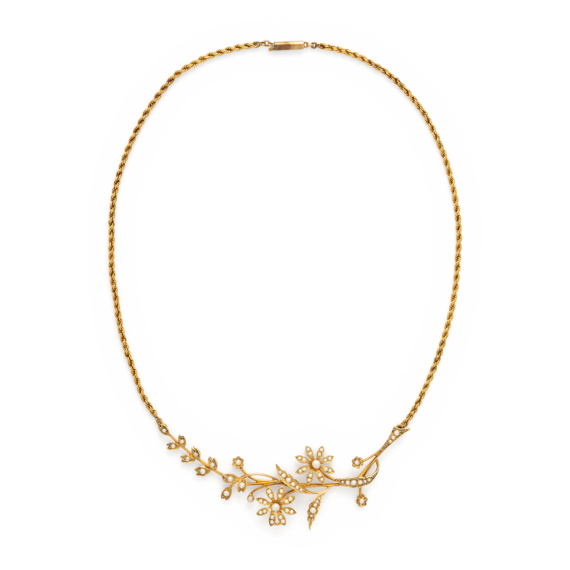 Art Nouveau, Seed Pearl and Yellow Gold Flower Necklace