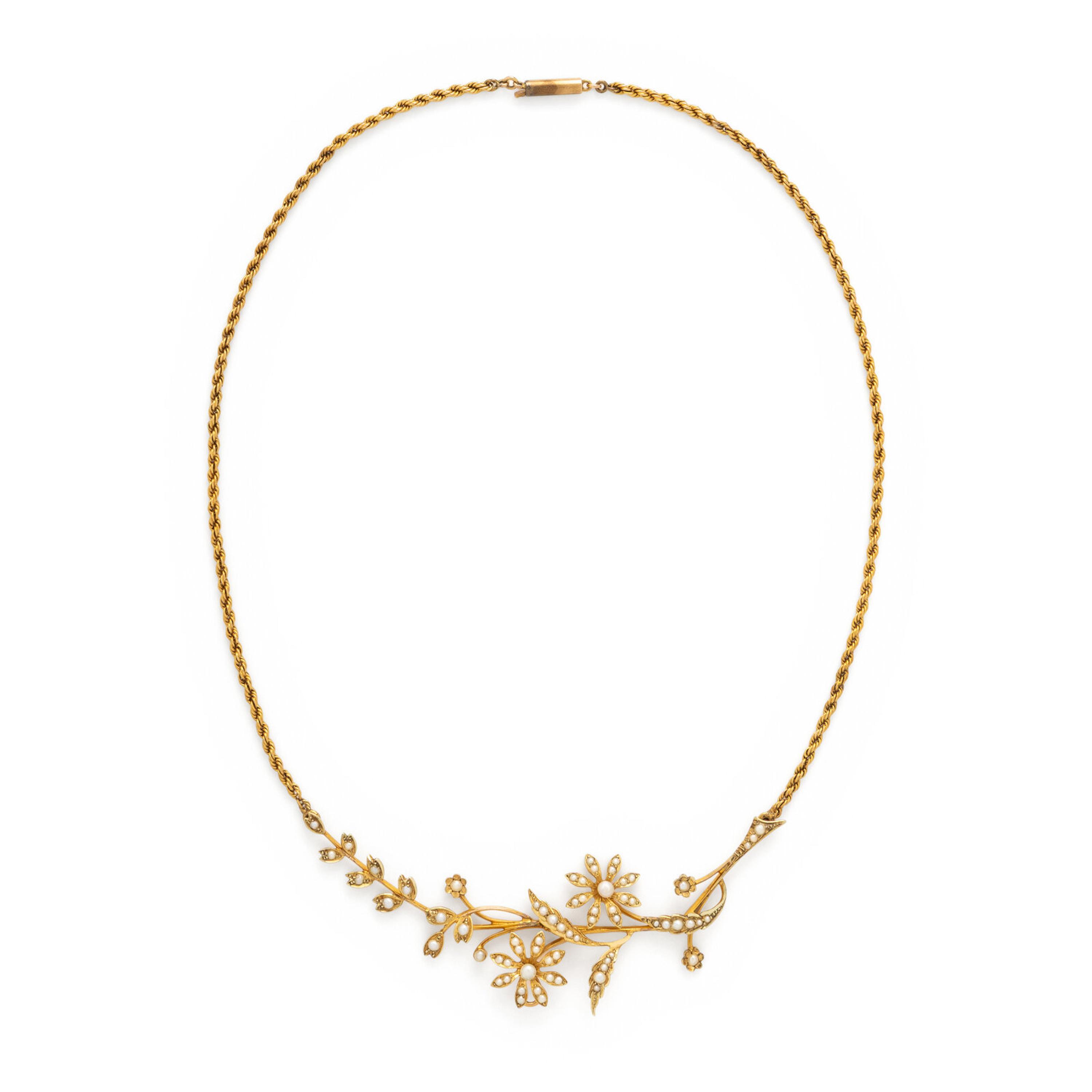 Art Nouveau, Seed Pearl and Yellow Gold Flower Necklace