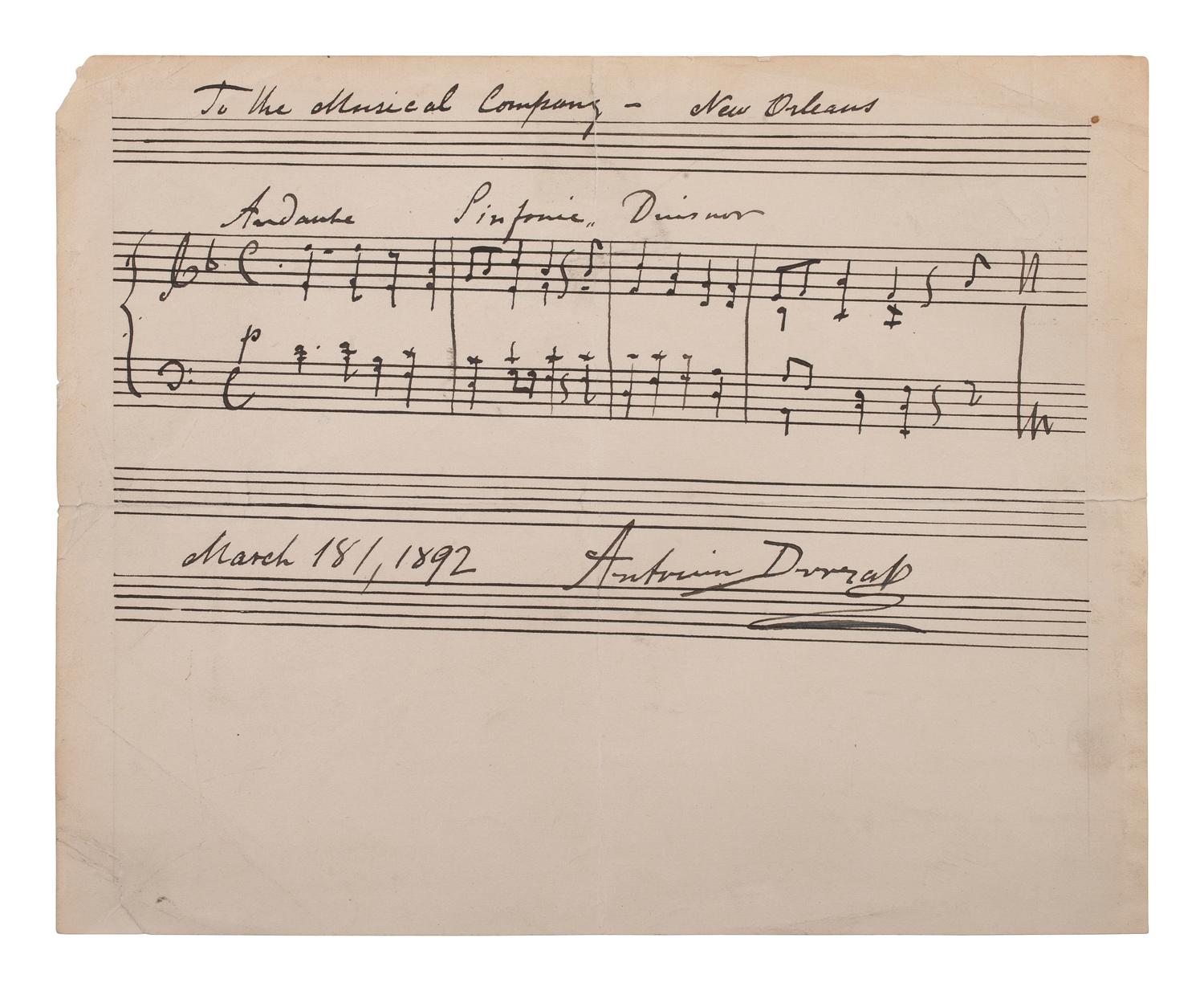 DVORAK, Antonin (1841-1904). Autograph musical quotation signed ("Antonin Dvorak"). 18 March 1892.