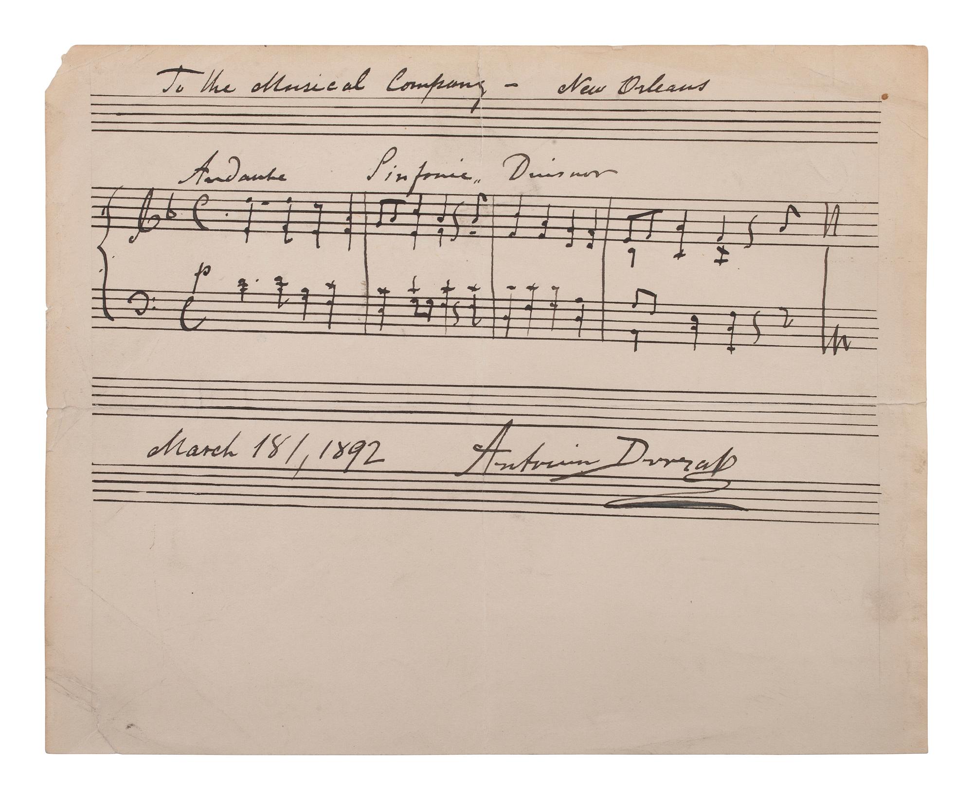 DVORAK, Antonin (1841-1904). Autograph musical quotation signed ("Antonin Dvorak"). 18 March 1892.