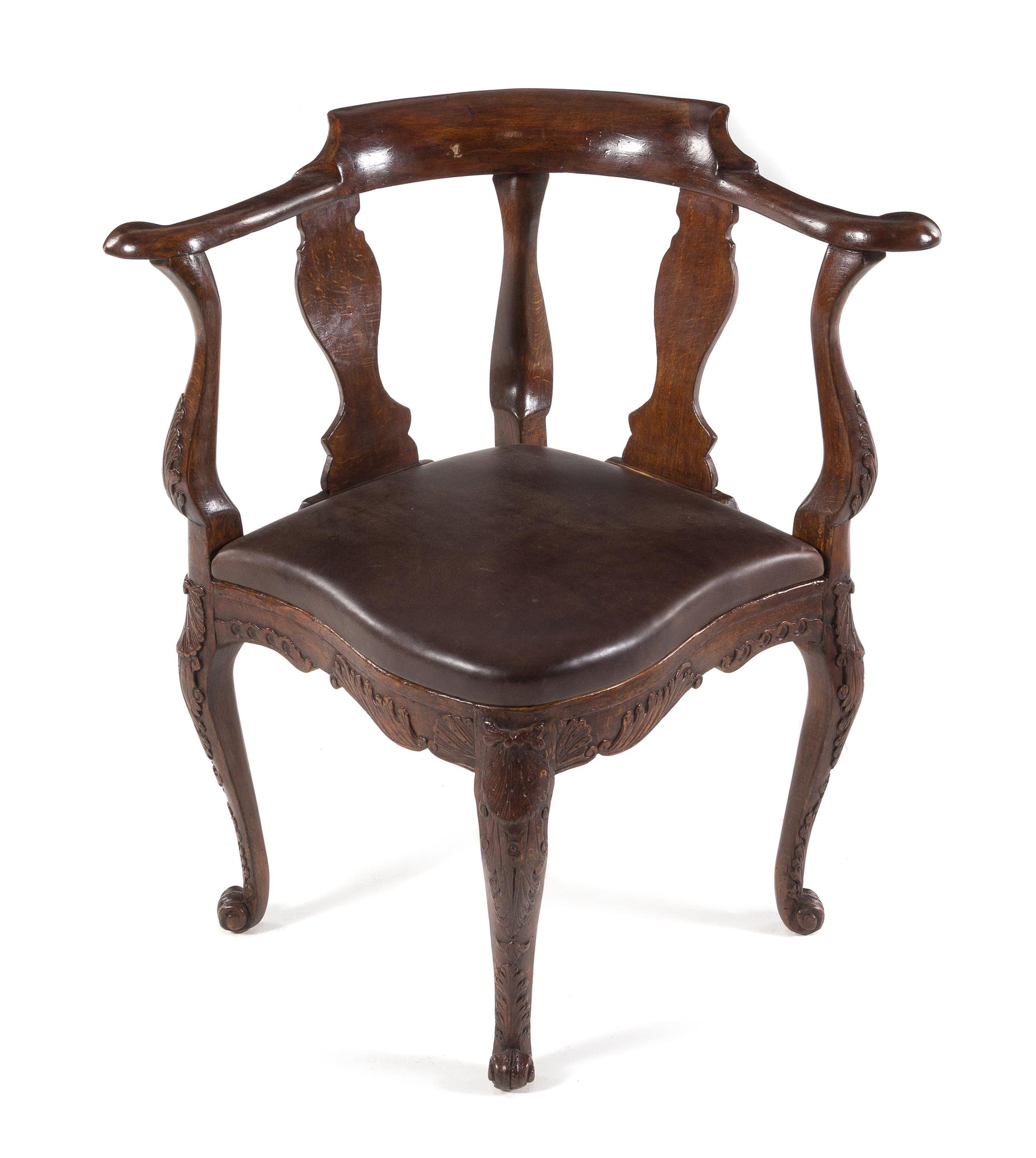 A Georgian Style Oak Corner Chair Height 31 1/2 x width 19 1/2 x depth 19 1/2 inches. — 19TH CENTURY
