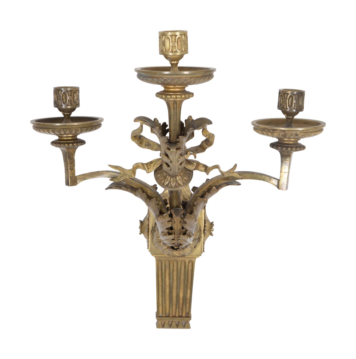 A Pair of Empire Style Gilt Bronze Three-Light Sconces