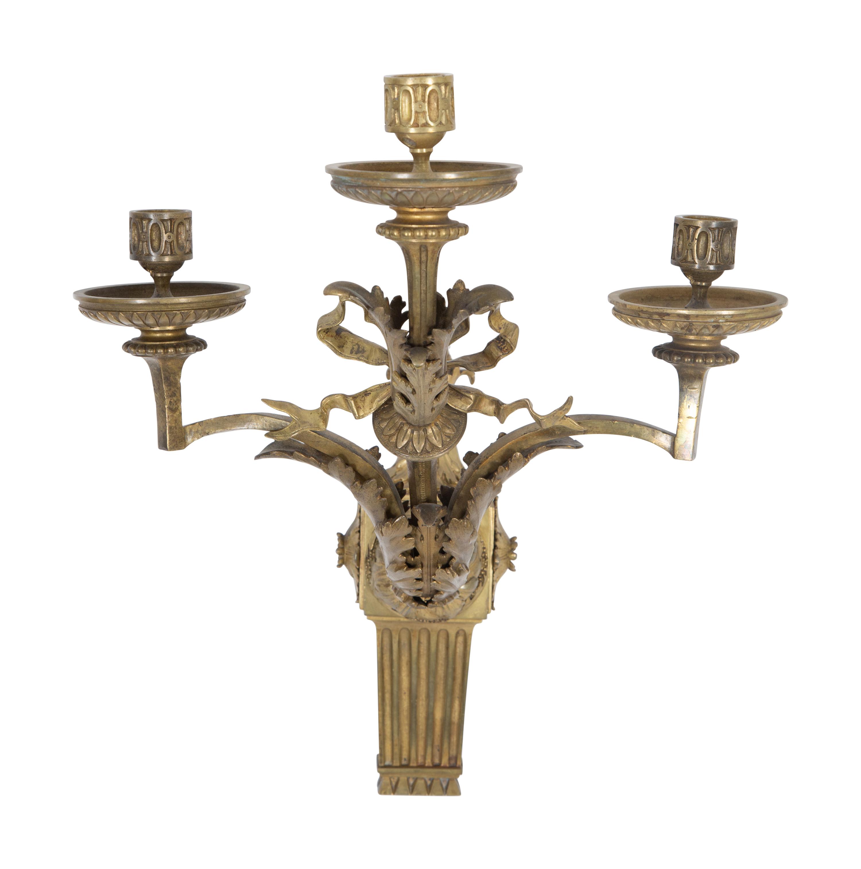 A Pair of Empire Style Gilt Bronze Three-Light Sconces