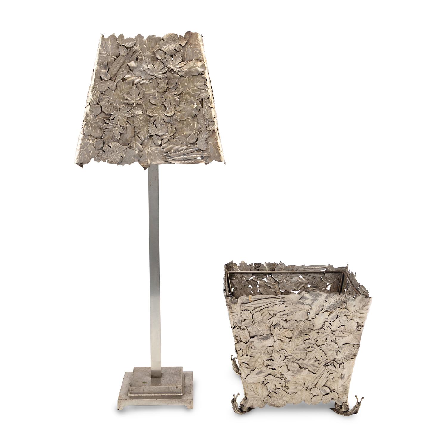 A Contemporary Italian Silvered Metal Table Lamp and Cache Pot