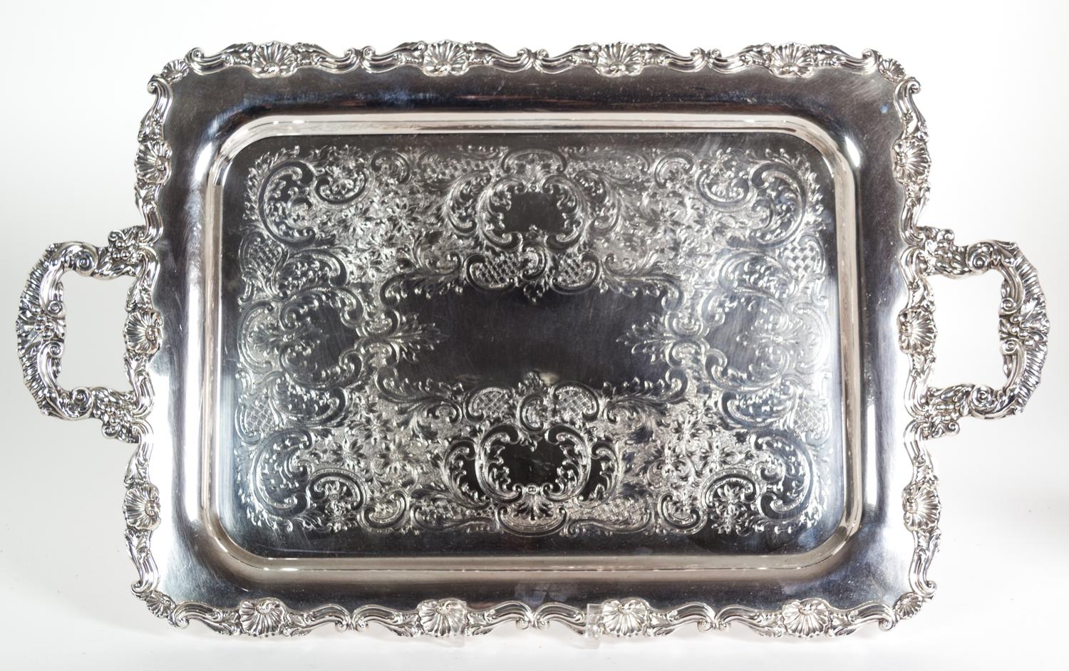 Eight Miscellaneous Silverplate Serving Trays Largest, length over handles 26 1/2 inches.
