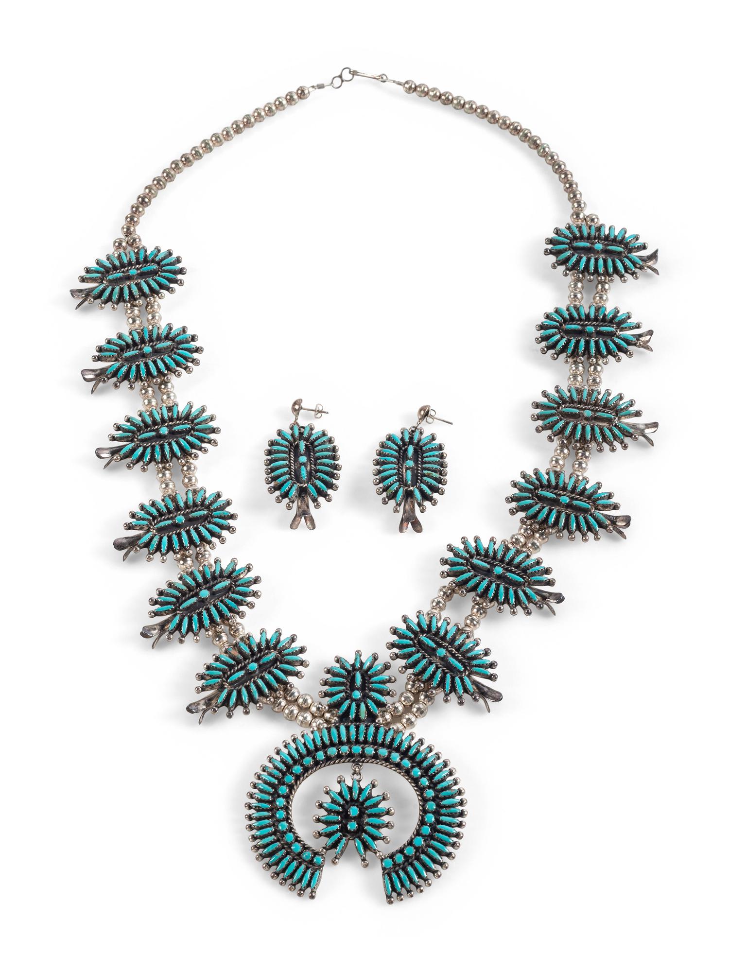 Zuni Petit Point Turquoise and Sterling Silver Squash Blossom Necklace and Post Earrings