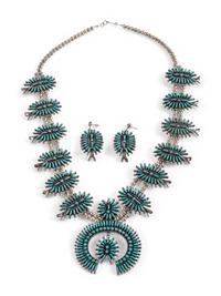 Zuni Petit Point Turquoise and Sterling Silver Squash Blossom Necklace and Post Earrings