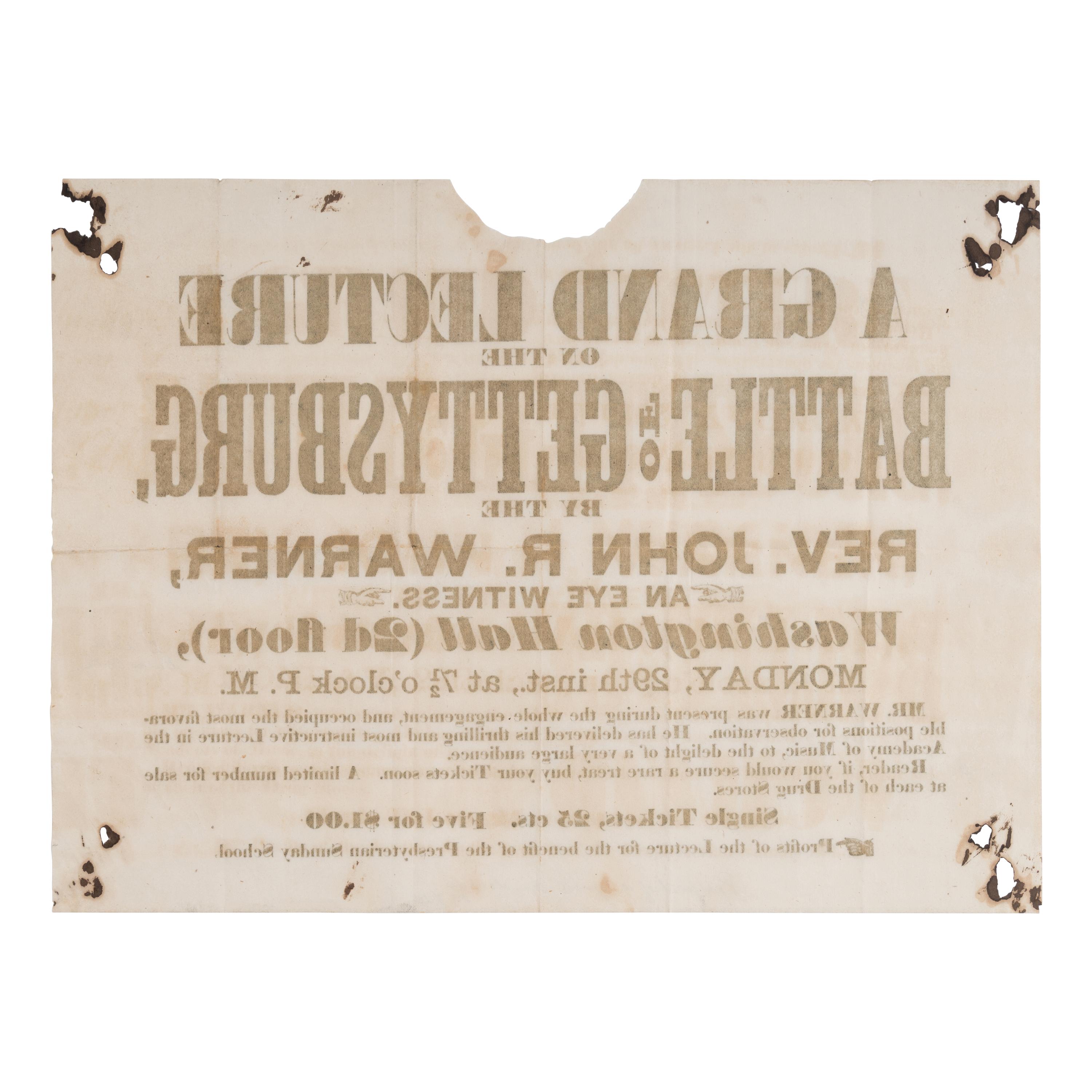 [Civil War - Gettysburg]. Warner, John Riddle (1827-1894). Autograph letter signed ("John R.W.") to General George Meade, [Gettysburg, PA, ca 1863].