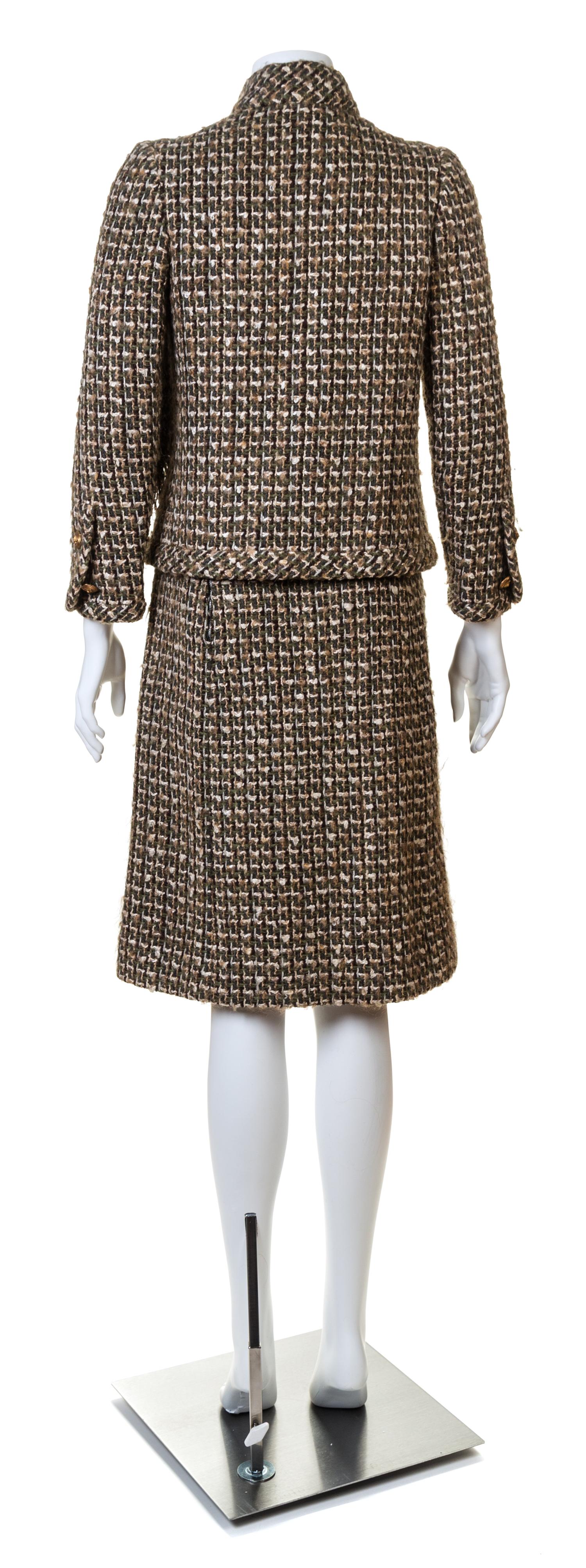 A Chanel Haute Couture 1950s Boucle Skirt Suit, No size; Belt: 26"- 28" x .75".