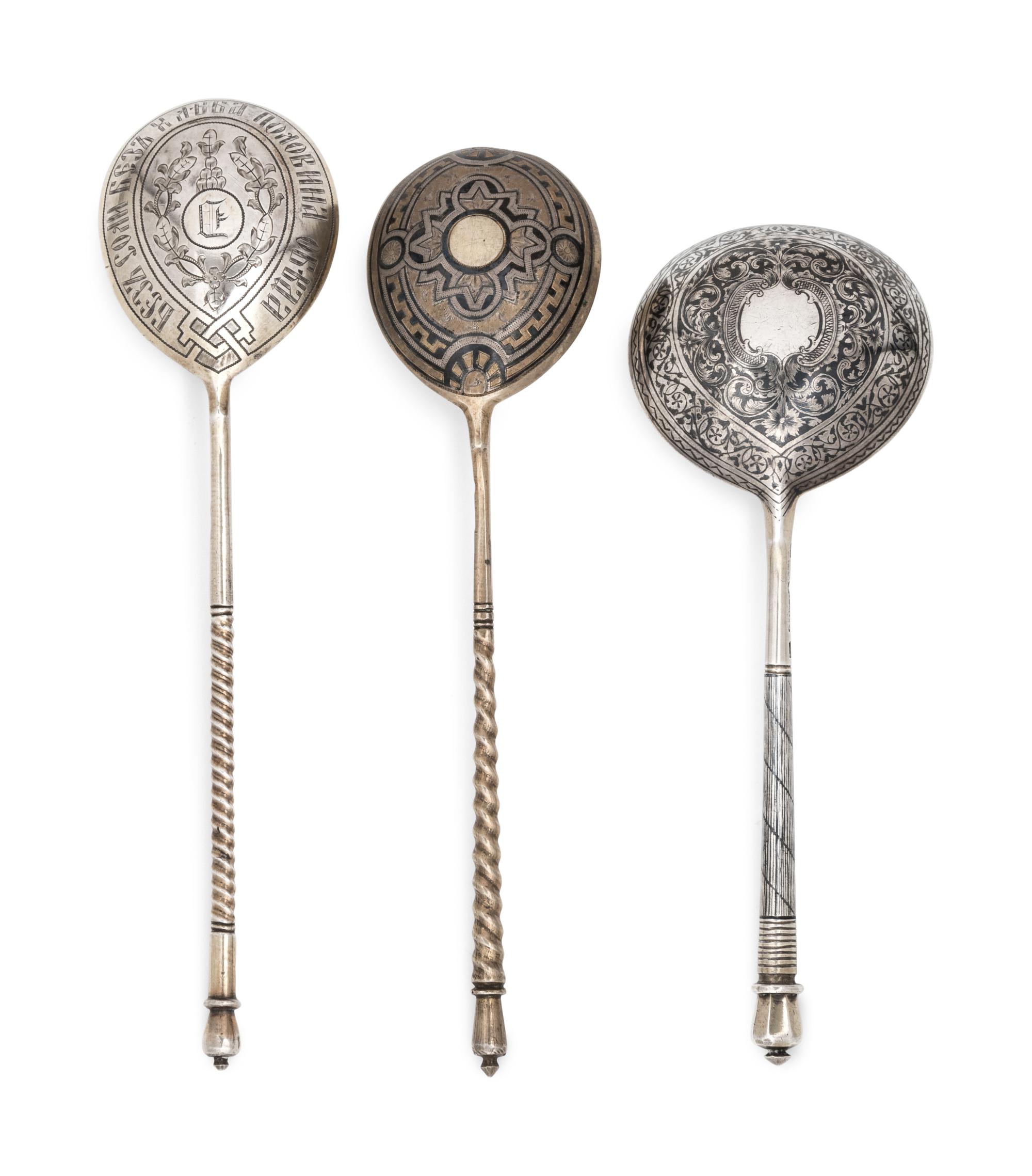 Three Russian Niello Silver Spoons