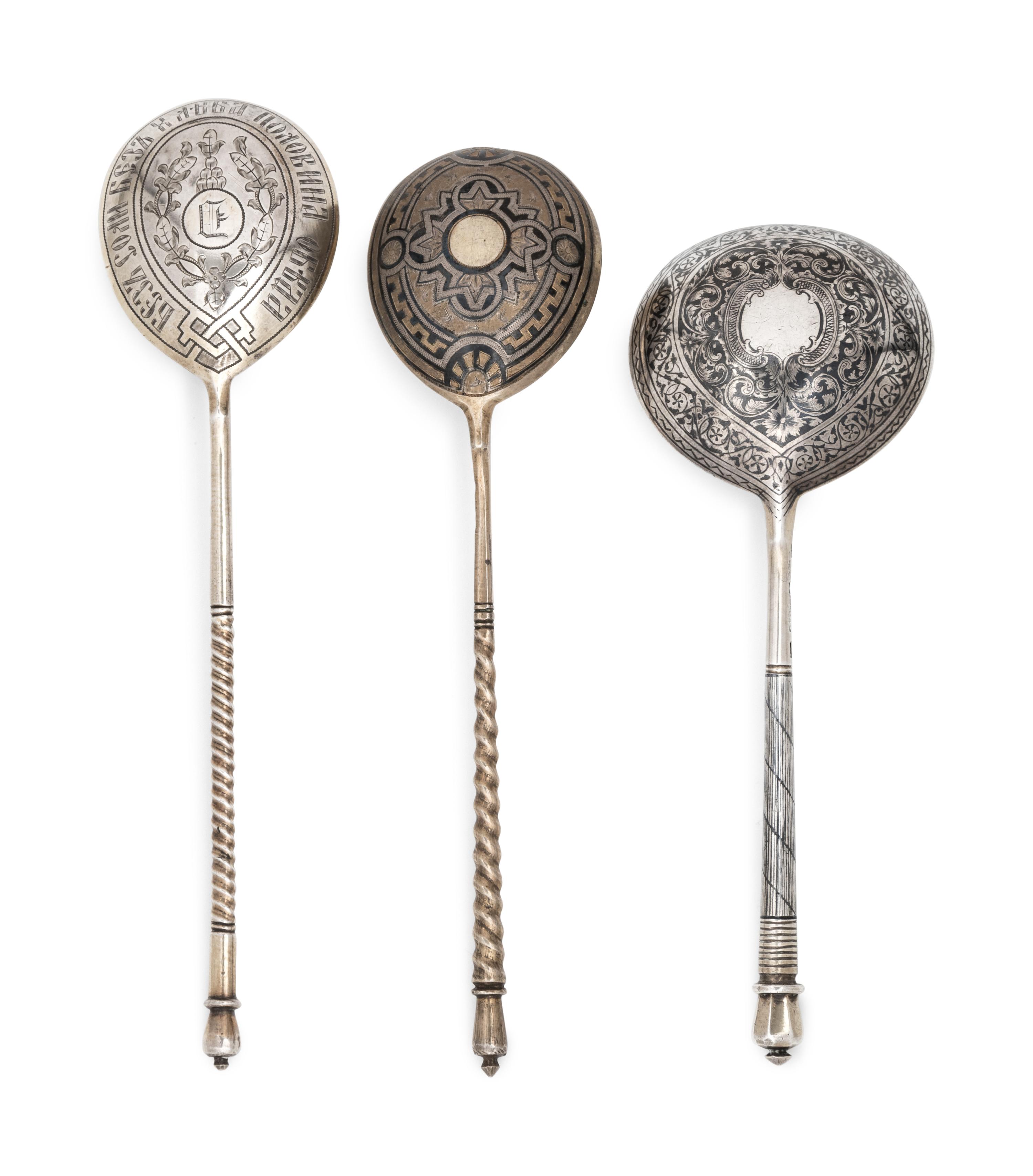 Three Russian Niello Silver Spoons