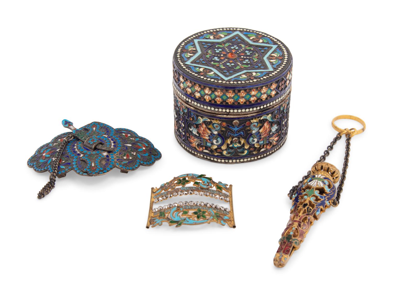 A Russian Enameled Silver Box, Two Buckles and a Scent Flask