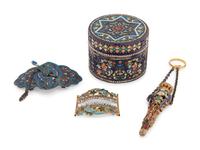 A Russian Enameled Silver Box, Two Buckles and a Scent Flask