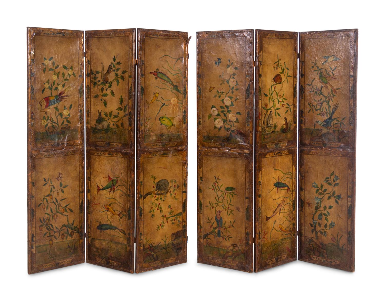 A Continental Painted Leather Six-Panel Screen Depicting Flora and Fauna