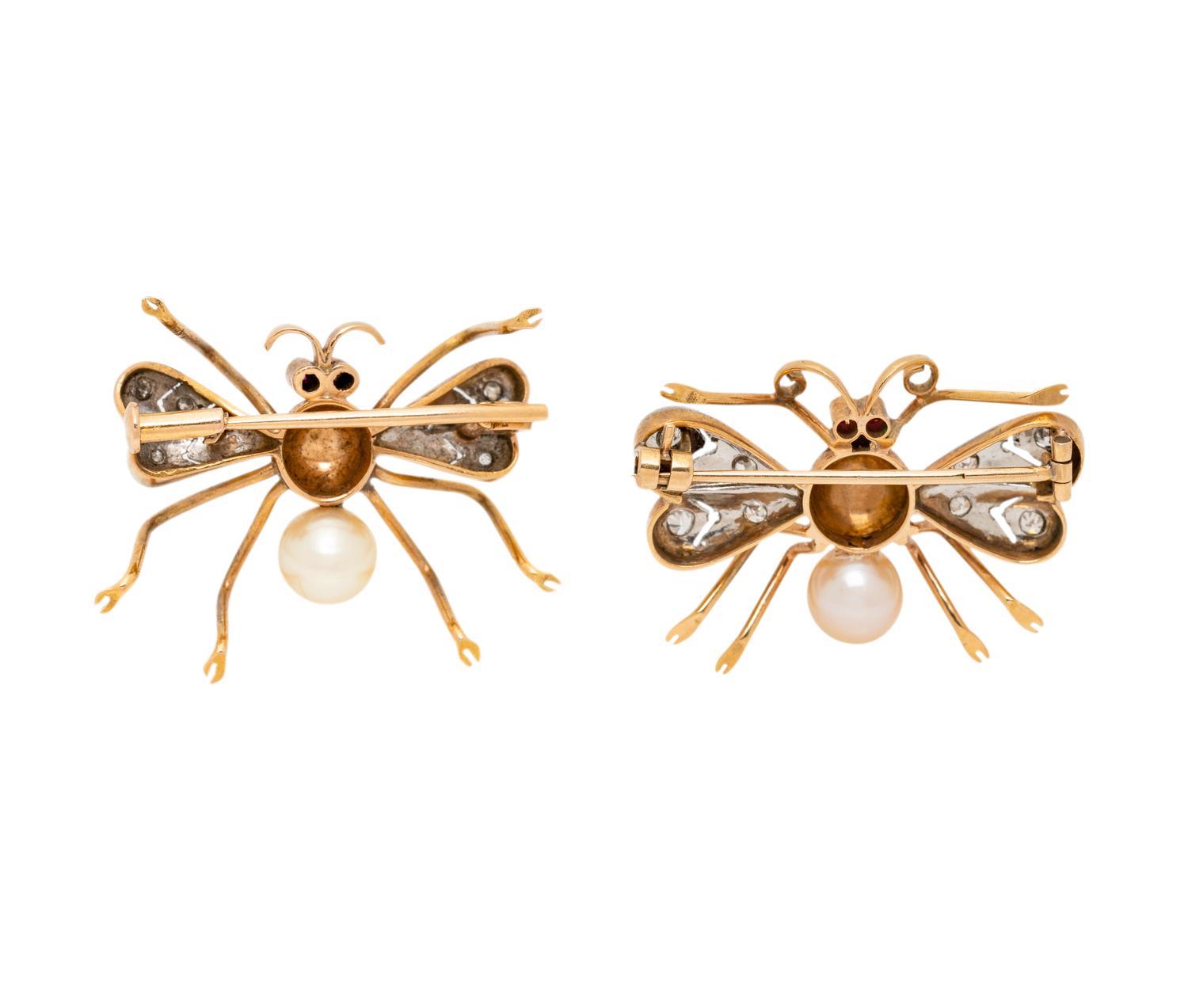 DIAMOND AND CULTURED PEARL INSECT BROOCH SET