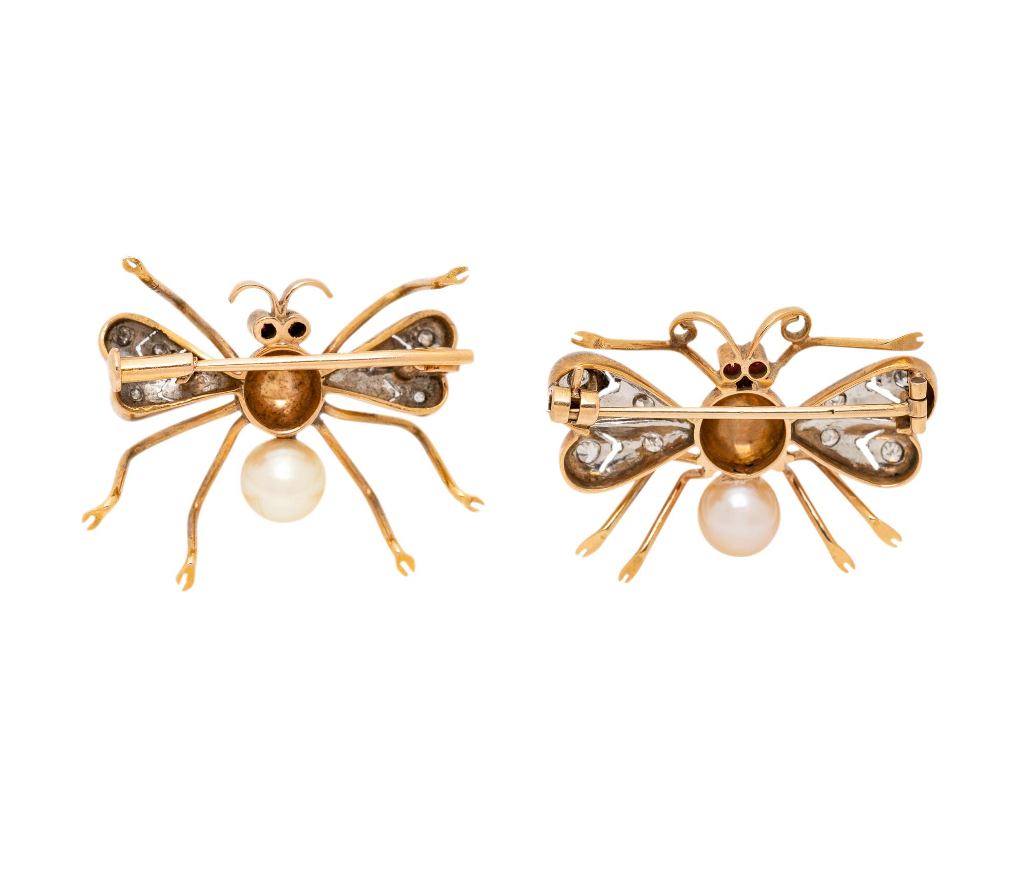 DIAMOND AND CULTURED PEARL INSECT BROOCH SET