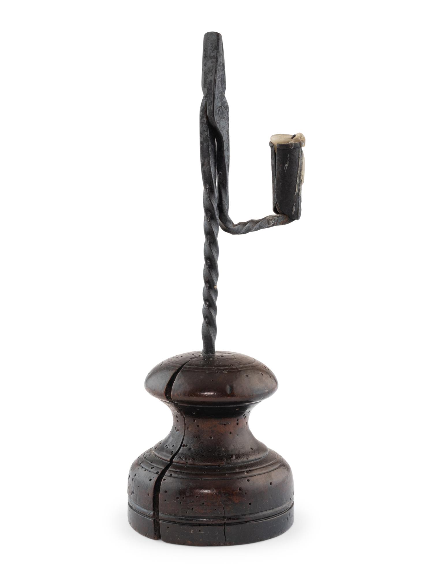 A Welsh Turned Wood and Wrought Iron Rushlight Holder