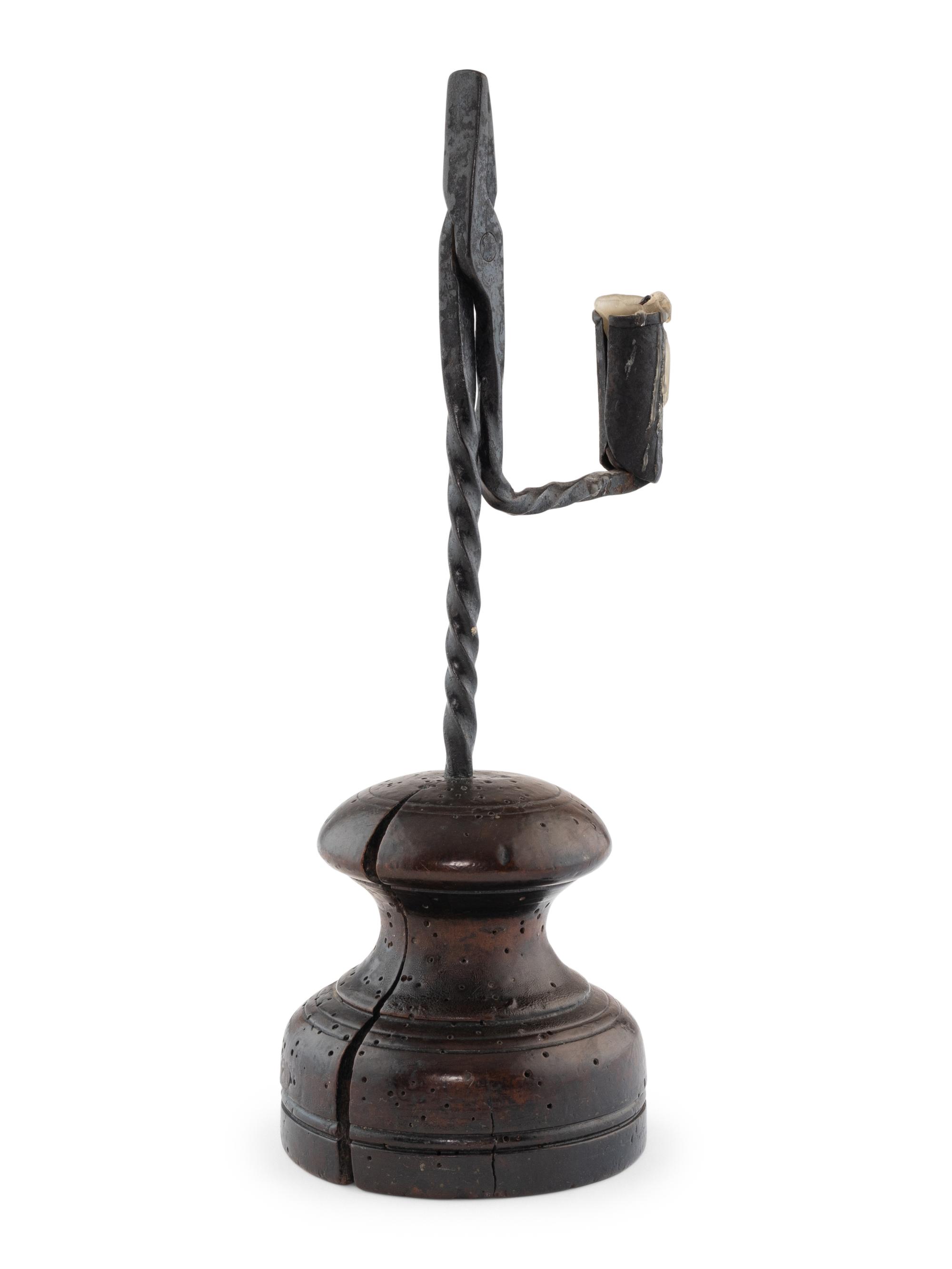 A Welsh Turned Wood and Wrought Iron Rushlight Holder