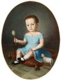 American School 19th century portrait of a seated young boy with rattle and pull-toy