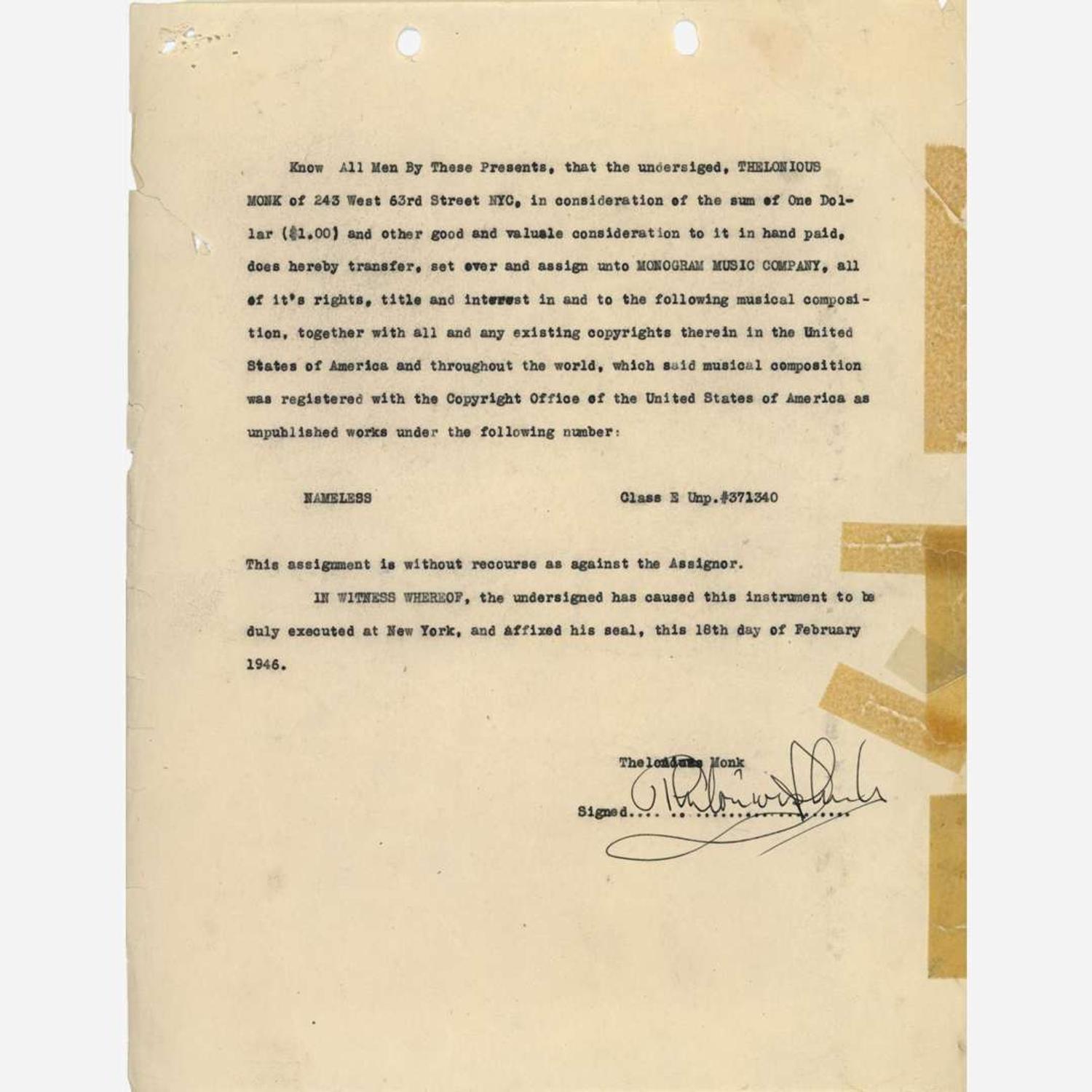 [Music] Monk, Thelonious Typed Document, signed