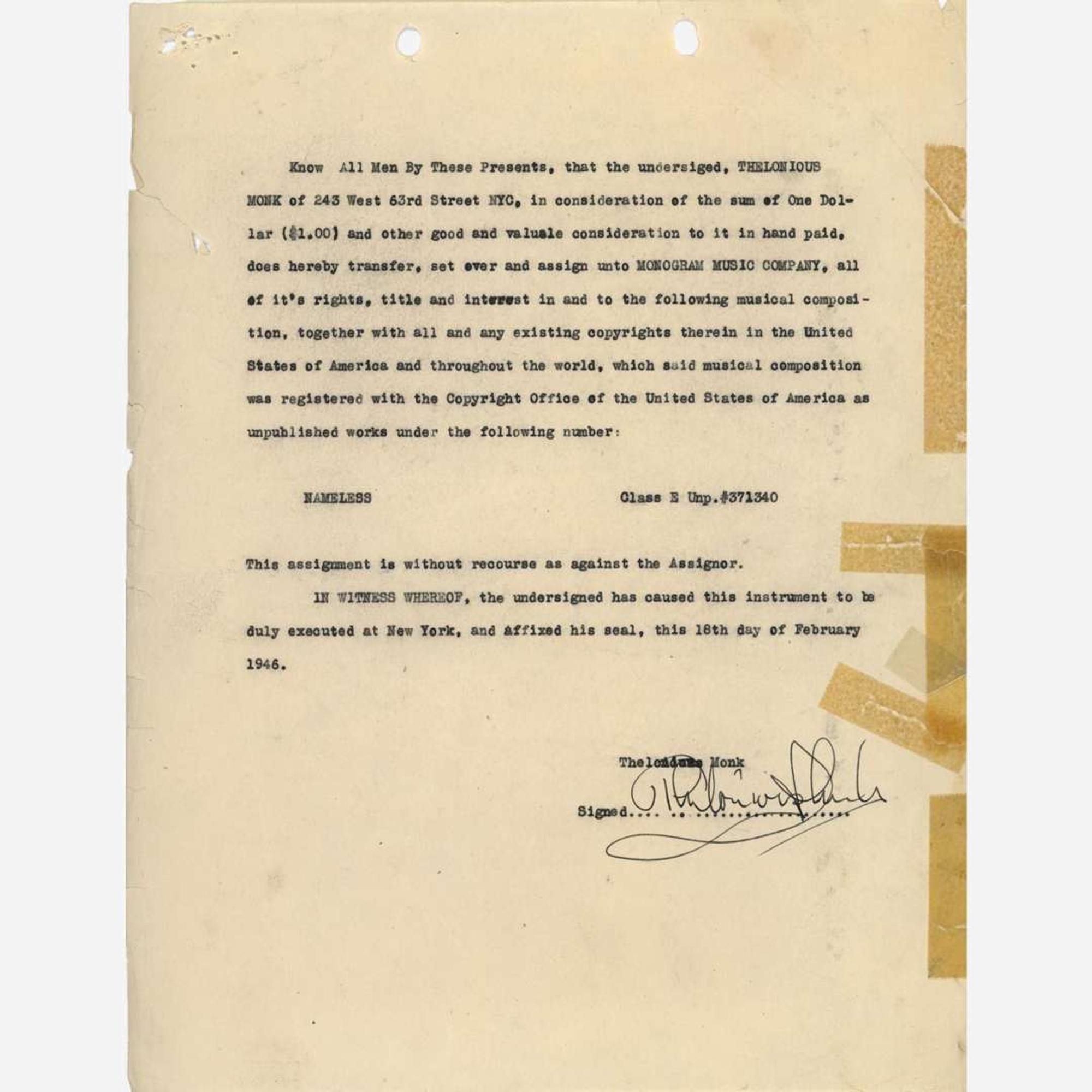 [Music] Monk, Thelonious Typed Document, signed