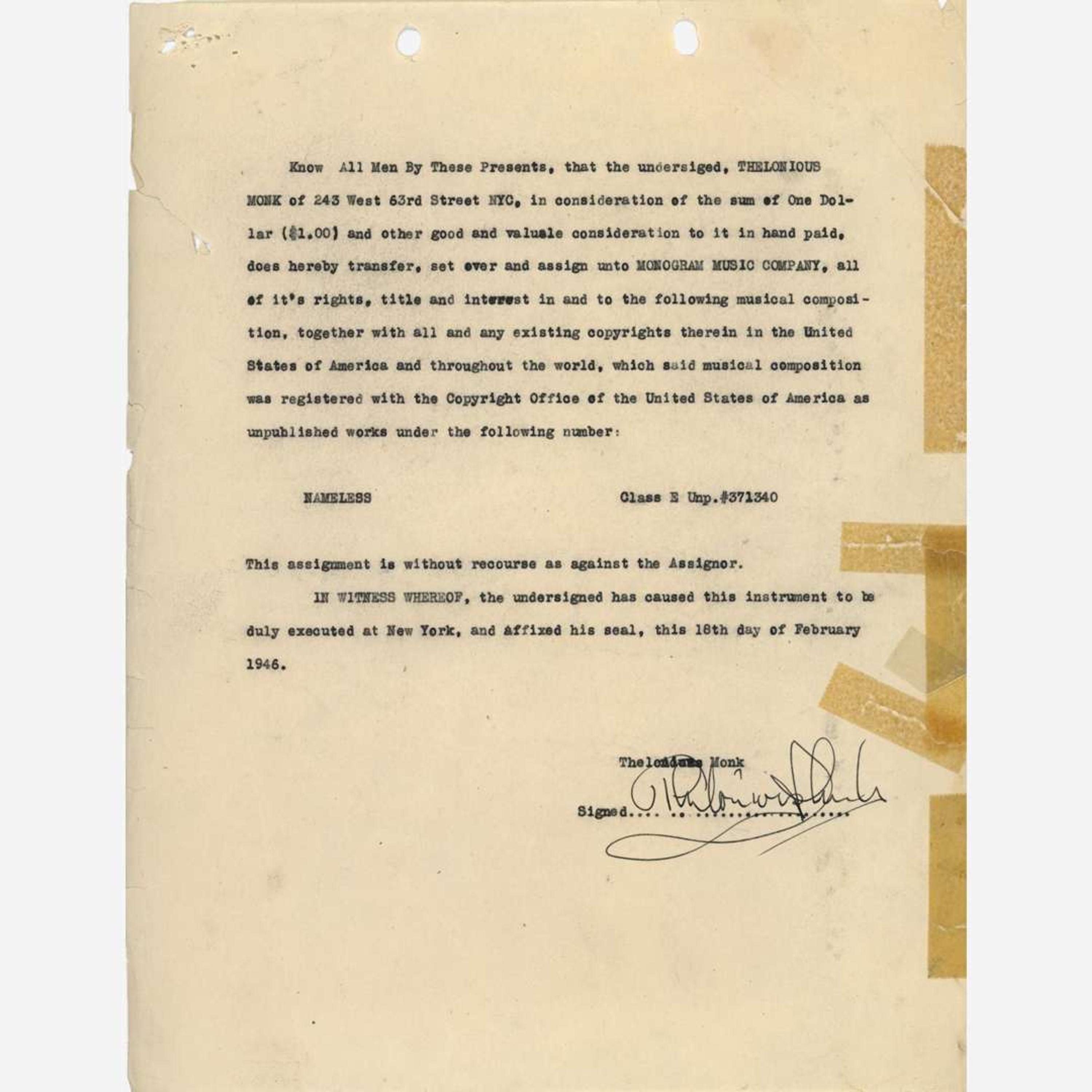 [Music] Monk, Thelonious Typed Document, signed