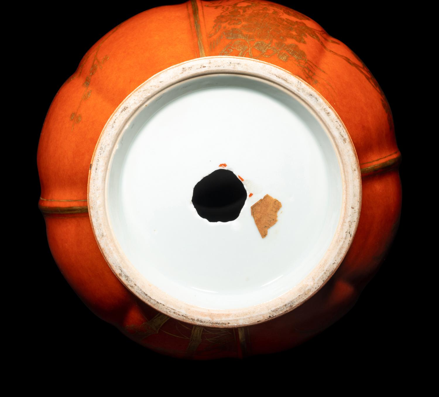 A Chinese Coral Red and Gilt Melon Form Vase