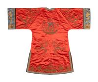 A Chinese Orange Ground Embroidered Silk Dragon Robe, Changfu