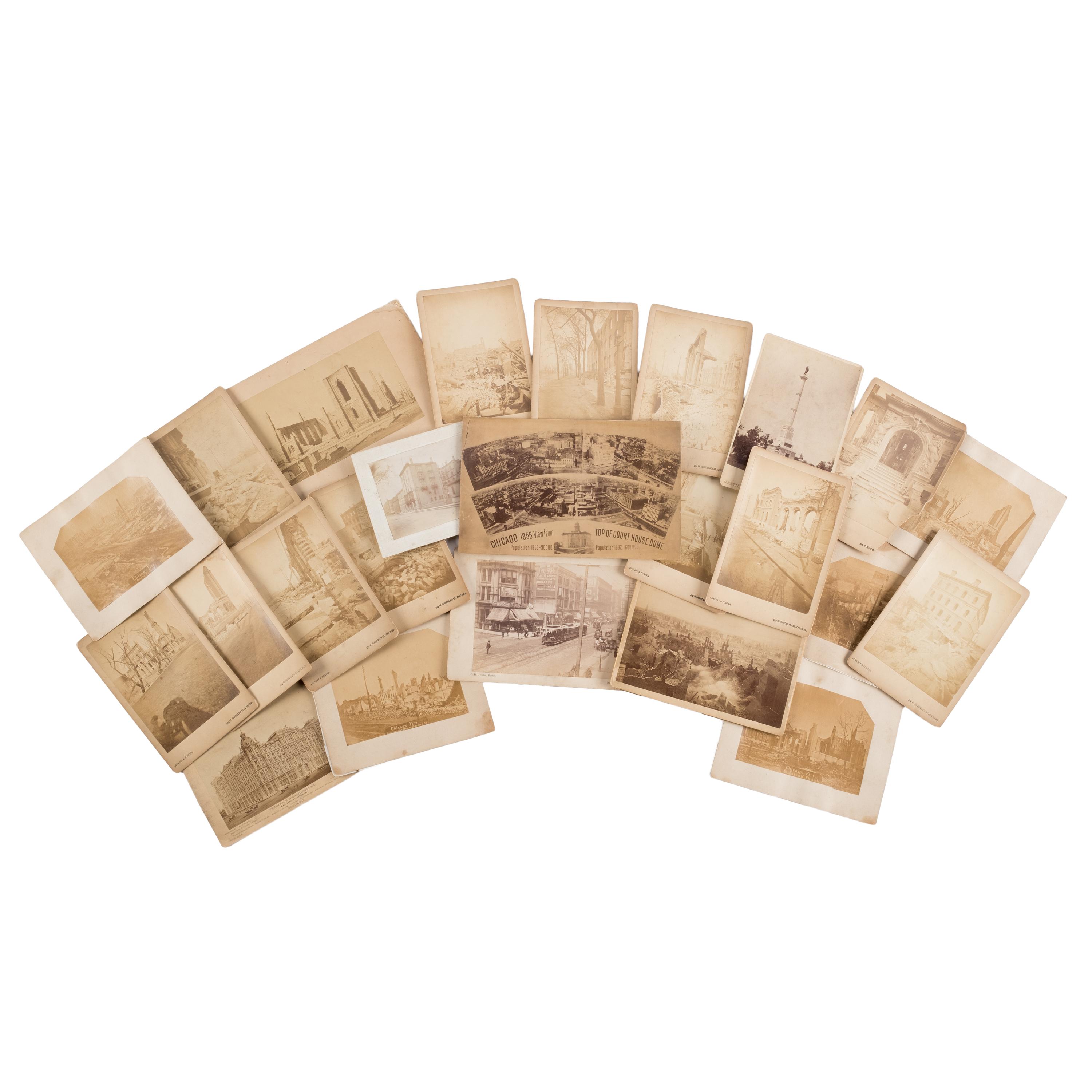 [Chicago Fire]. A collection of approx. 80 CDVs, cabinet cards, albumen prints, and glass slides taken after the Chicago Fire of 1871.
