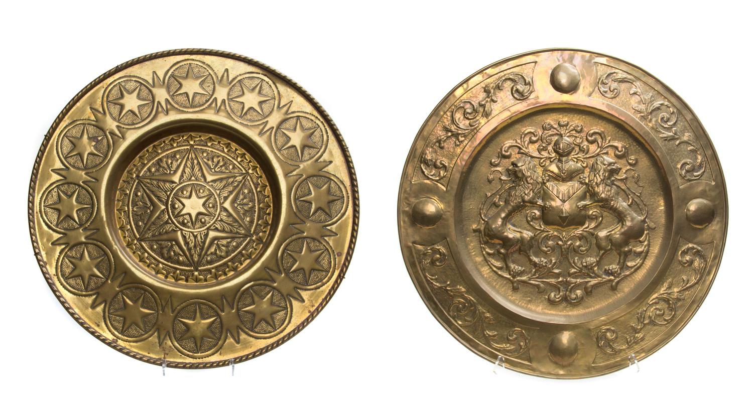 Two Brass Chargers Diameter of largest 30 3/4 inches.