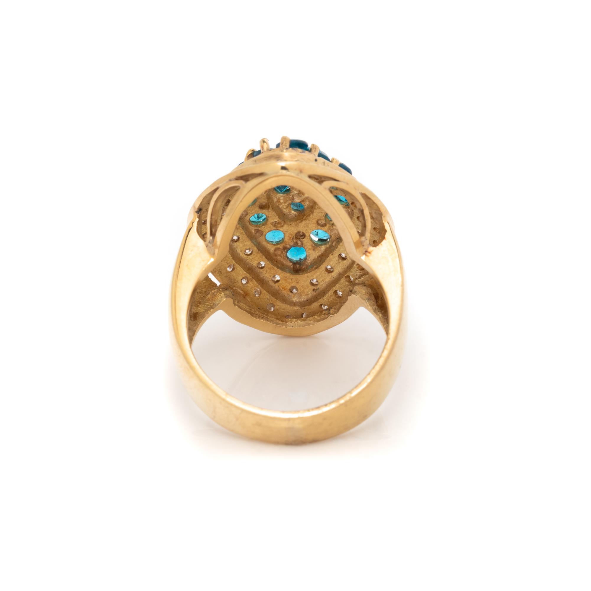 BLUE GLASS, DIAMOND, AND YELLOW GOLD RING