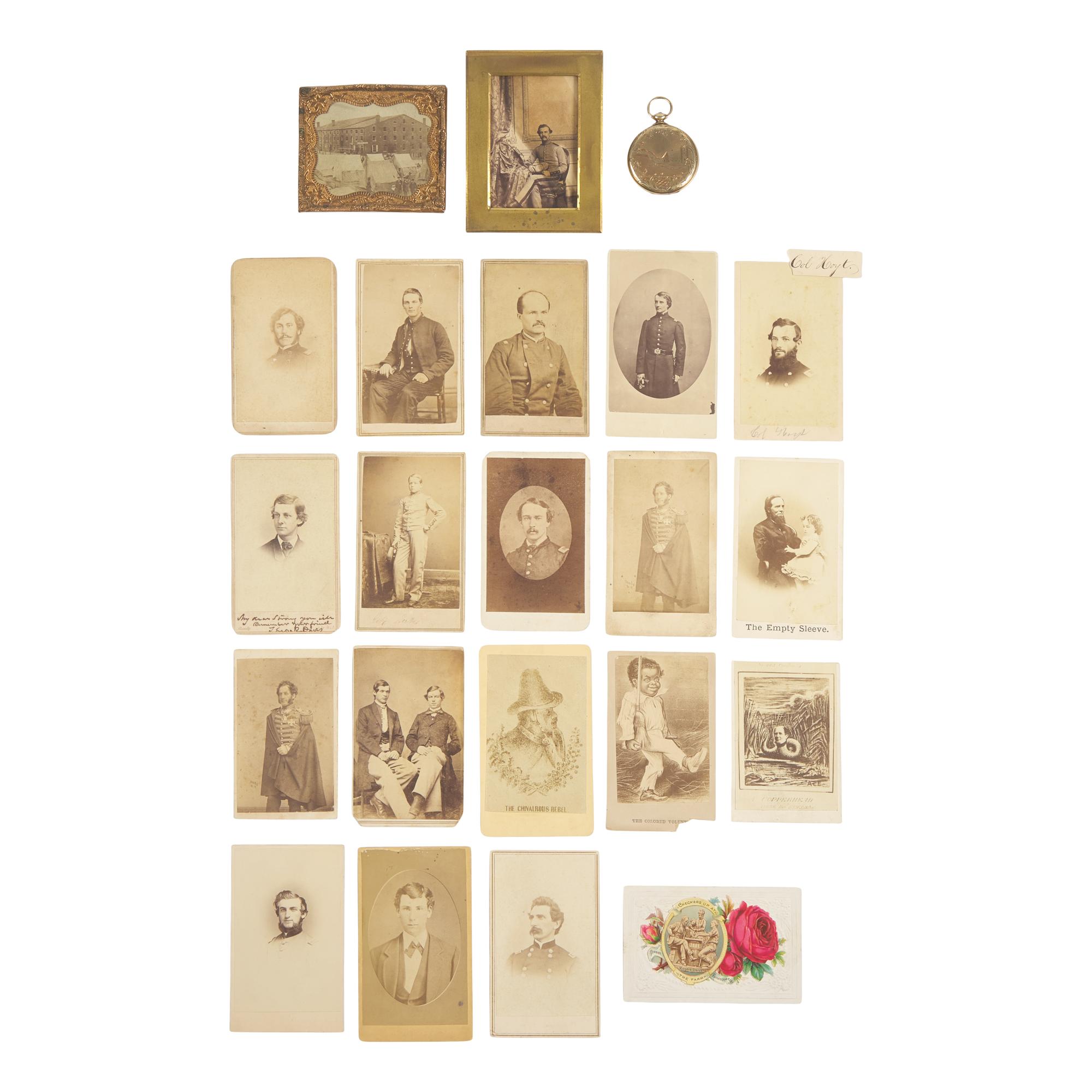 [Civil War] Group of 22 images of Civil War soldiers including CDVs and locket containing portrait of a naval subject