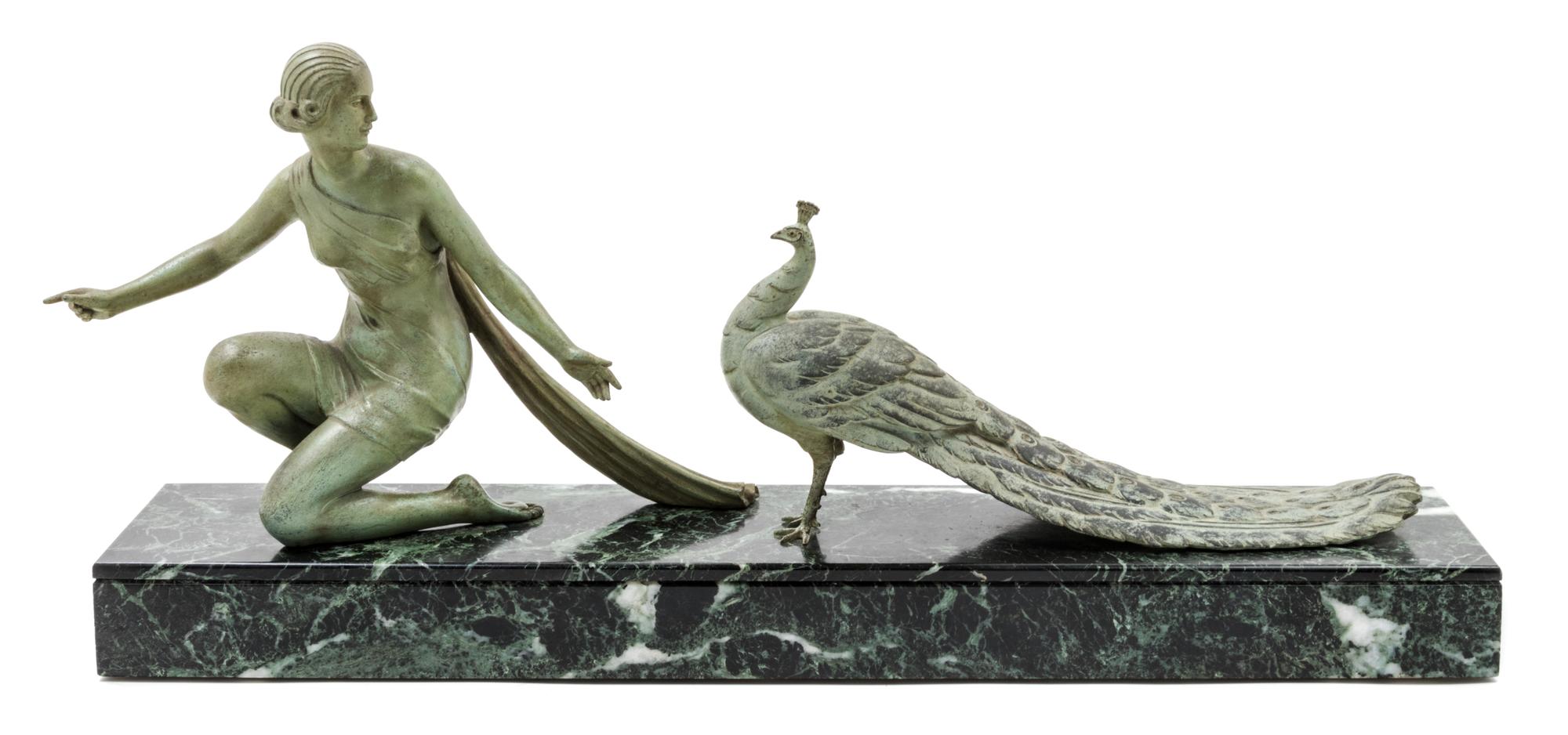 Art Deco, USA, c.1930, a sculpture, depicting a woman with a peacock