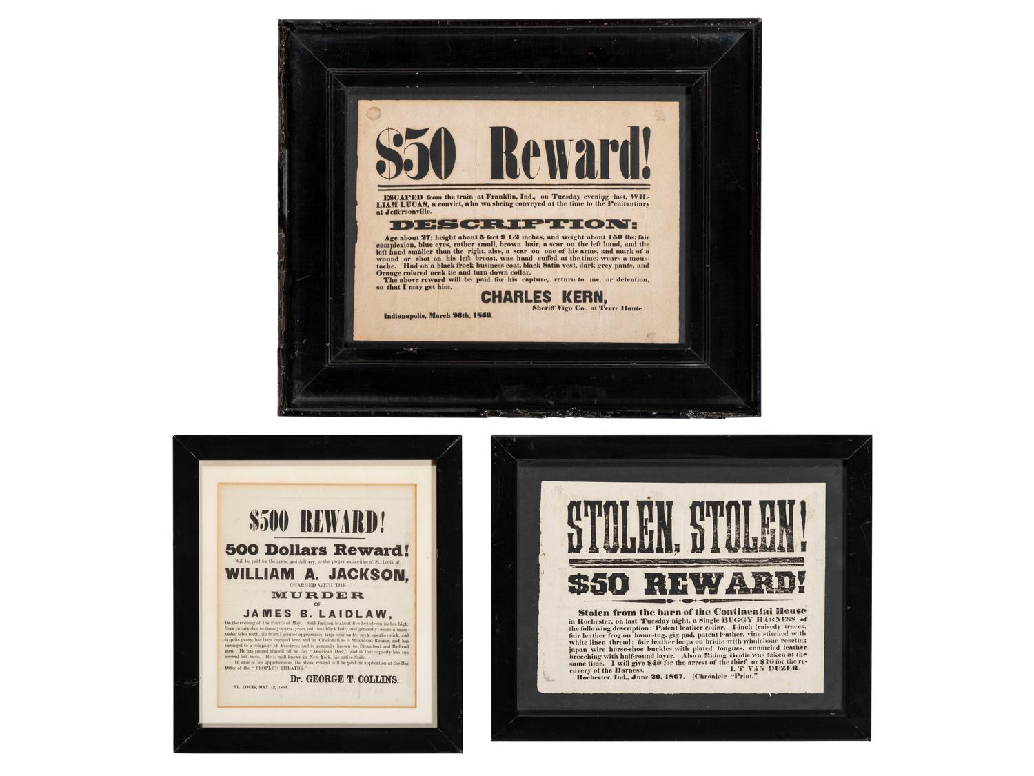 [CRIME & PUNISHMENT]. A group of 3 broadsides advertising rewards for apprehending a murderer and thieves, highlighted by $500 reward for a man charged with murder in St. Louis, MO, in 1854.