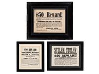 [CRIME & PUNISHMENT]. A group of 3 broadsides advertising rewards for apprehending a murderer and thieves, highlighted by $500 reward for a man charged with murder in St. Louis, MO, in 1854.