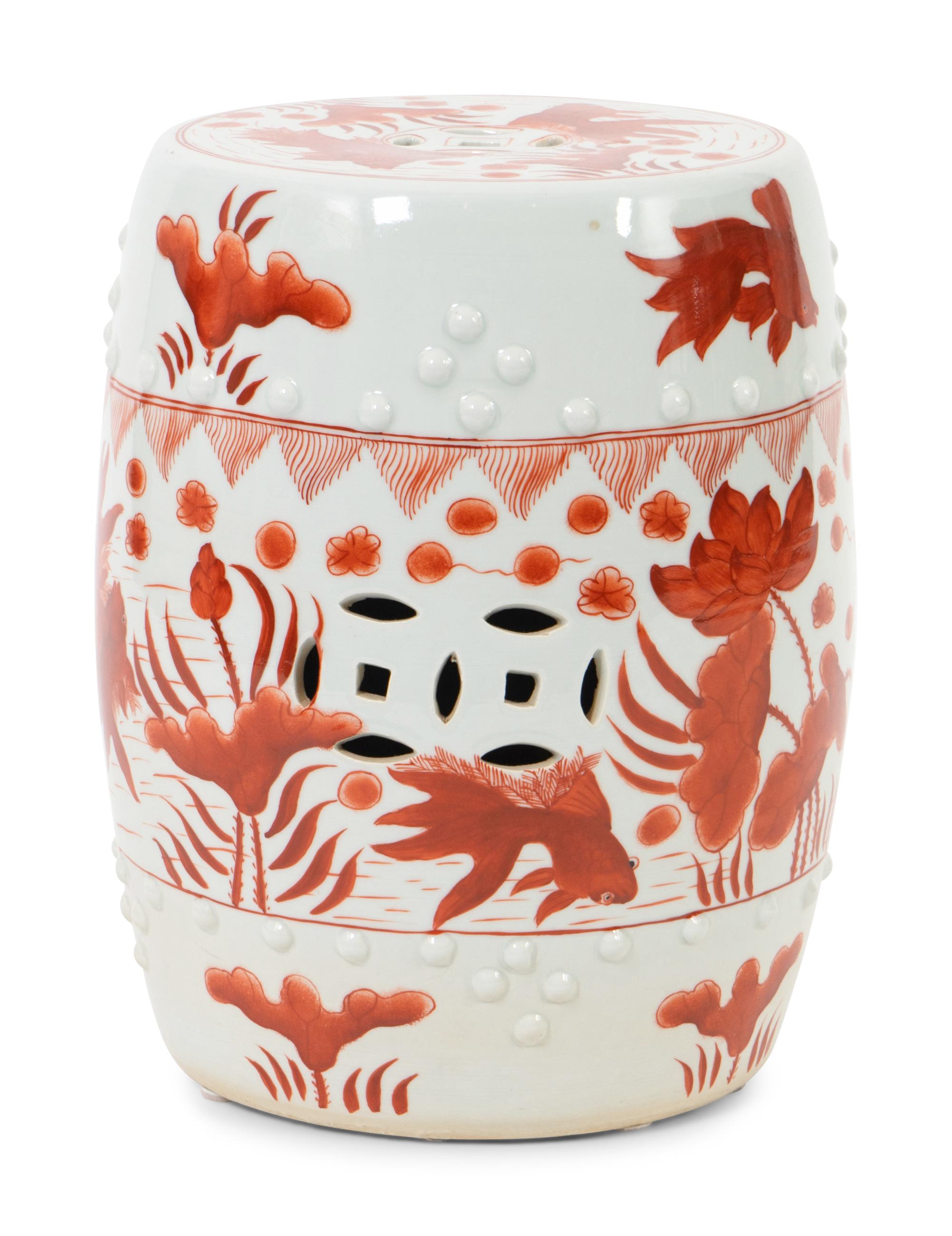 A Chinese Red and White-Glazed Porcelain Barrel-Form Garden Seat — 20TH CENTURY