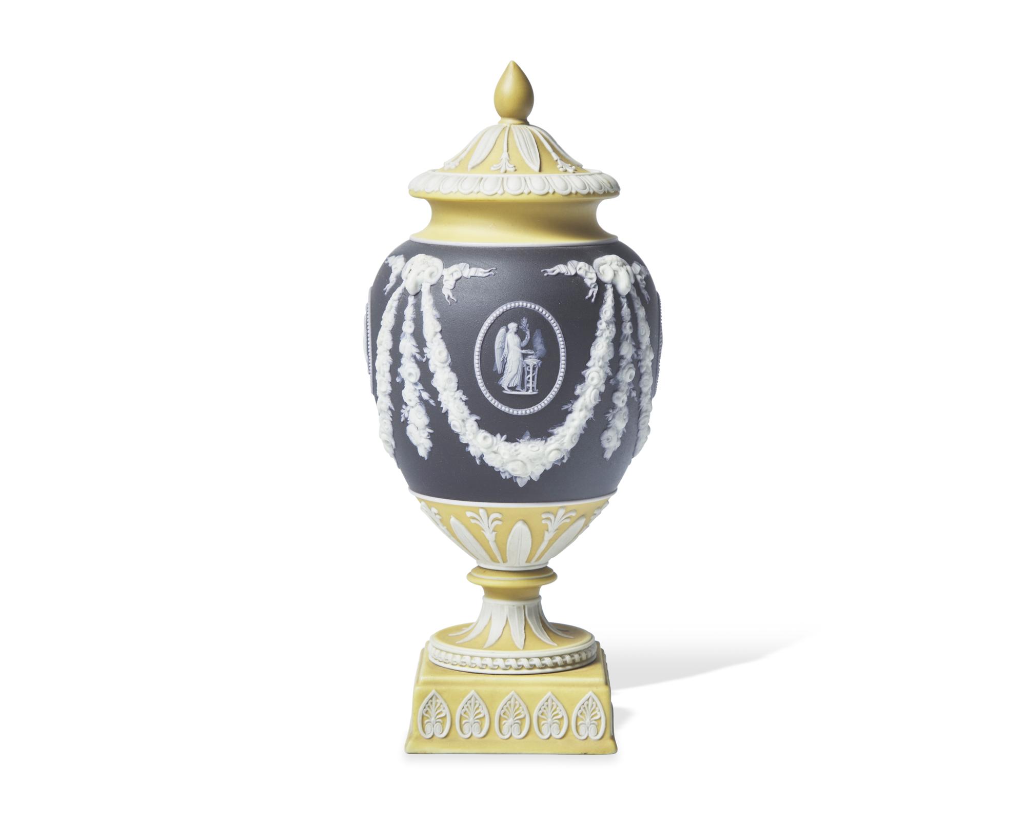 A Wedgwood Tricolor Jasperware Covered Vase