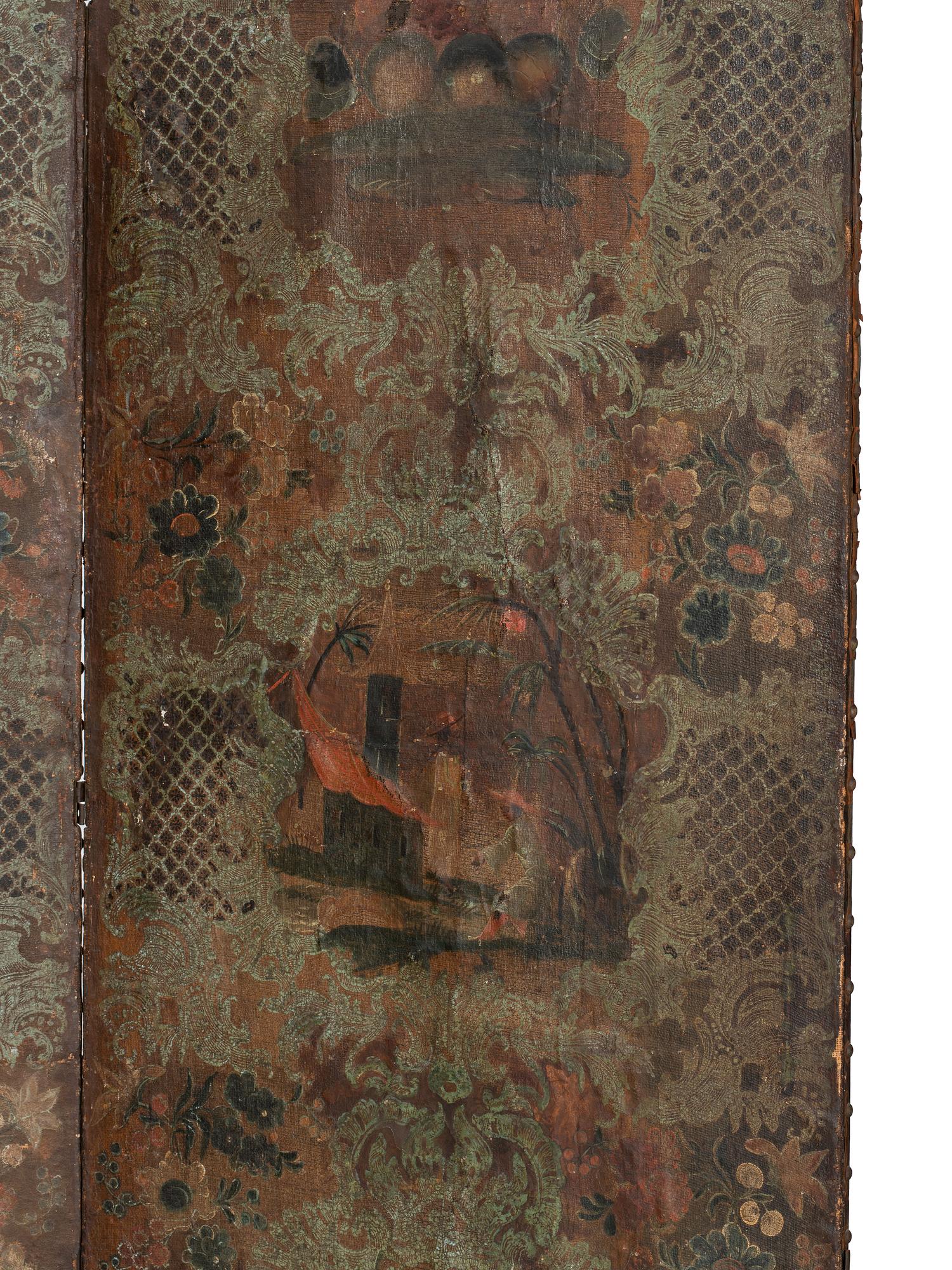 A Three-Panel Painted Leather Floor Screen