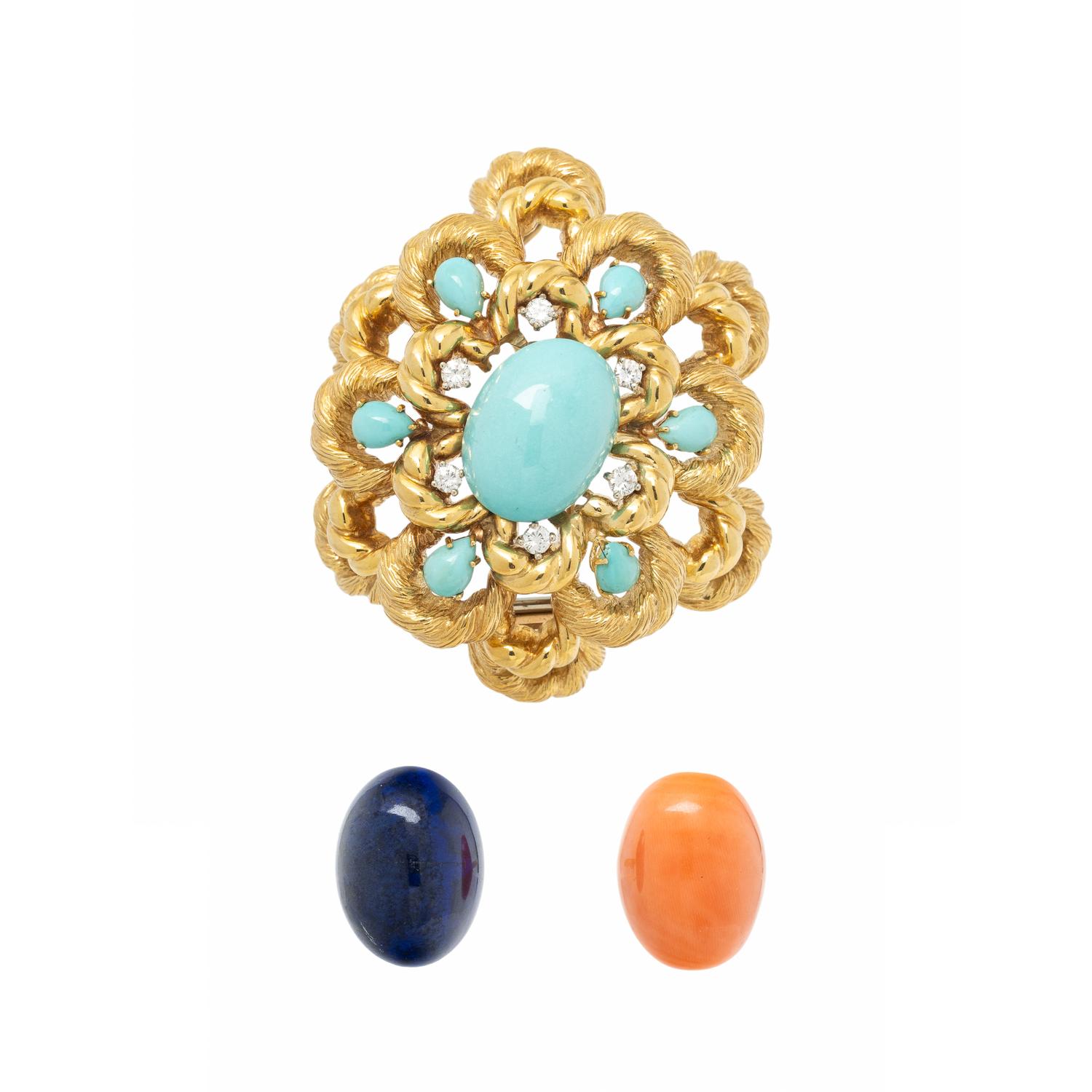 TURQUOISE, MULTIGEM, DIAMOND, AND YELLOW GOLD CONVERTIBLE PENDANT BROOCH